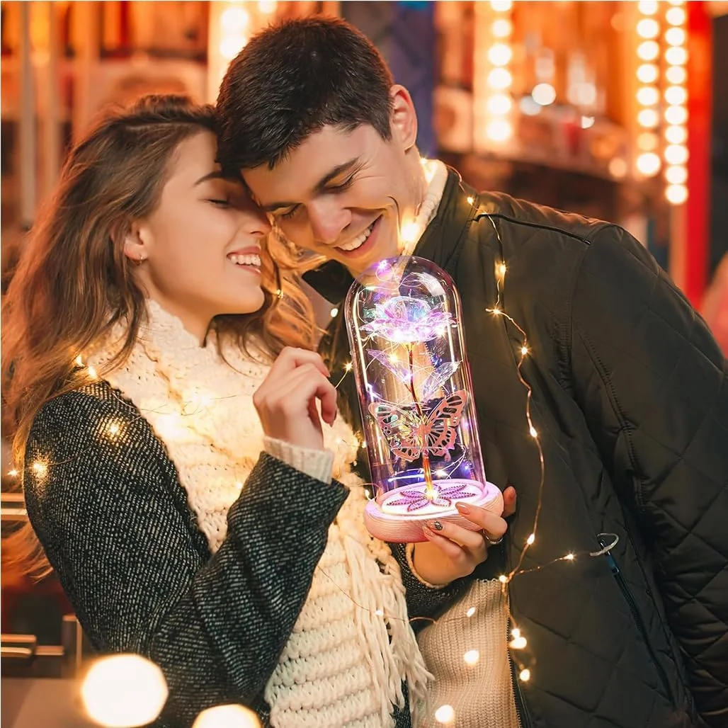 گل رز مصنوعی رنگارنگ گودرن، گل رز ابدی با نور LED در گنبد شیشه ای، گل کریستالی رز کهکشانی برای زنان، همسر، روز ولنتاین، روز مادر، تولد، دکوراسیون جشن عروسی - سفید