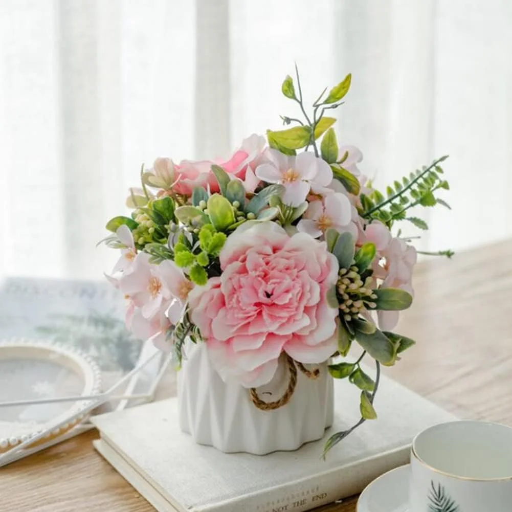 گل‌های مصنوعی OOMYL، گل رز ابریشمی مصنوعی با گلدان سرامیکی، دکور دسته گل عروسی برای میز، خانه، دفتر، دکور کریسمس و سال نو (صورتی لیا)
