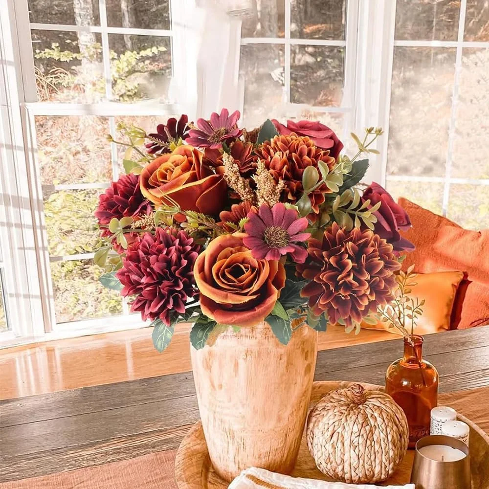 گل های مصنوعی پاییزی Purfex | دسته گل های ابریشمی رز مصنوعی با گل ادریسی، گل های مصنوعی پاییزی | 1 دسته گل برای دکوراسیون میز عروسی پاییزی منزل (نارنجی + قرمز) گل های مصنوعی پاییزی Purfex | دسته گل های ابریشمی رز مصنوعی با گل ادریسی، گل های مصنوعی پاییزی | 1 دسته گل برای دکوراسیون میز عروسی پاییزی منزل (نارنجی + قرمز)