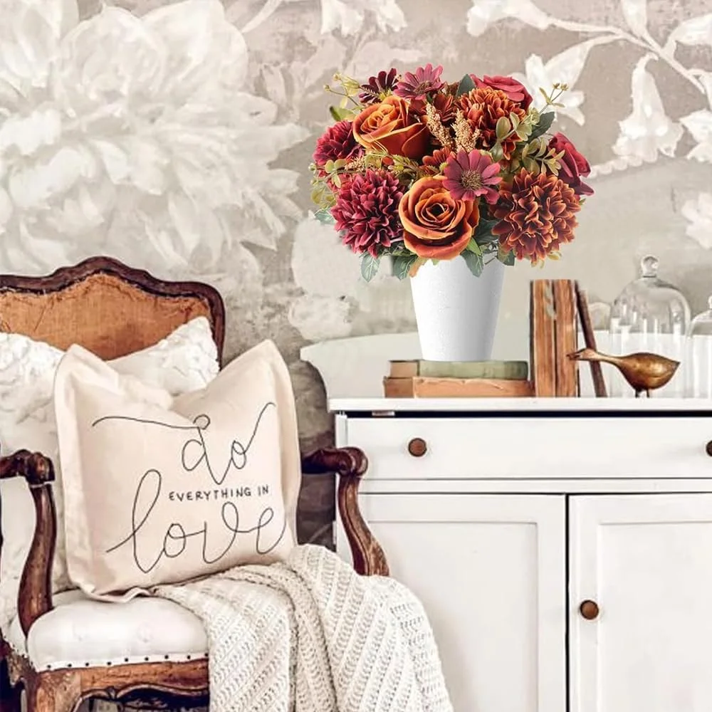 گل های مصنوعی پاییزی Purfex | دسته گل های ابریشمی رز مصنوعی با گل ادریسی، گل های مصنوعی پاییزی | 1 دسته گل برای دکوراسیون میز عروسی پاییزی منزل (نارنجی + قرمز) گل های مصنوعی پاییزی Purfex | دسته گل های ابریشمی رز مصنوعی با گل ادریسی، گل های مصنوعی پاییزی | 1 دسته گل برای دکوراسیون میز عروسی پاییزی منزل (نارنجی + قرمز)