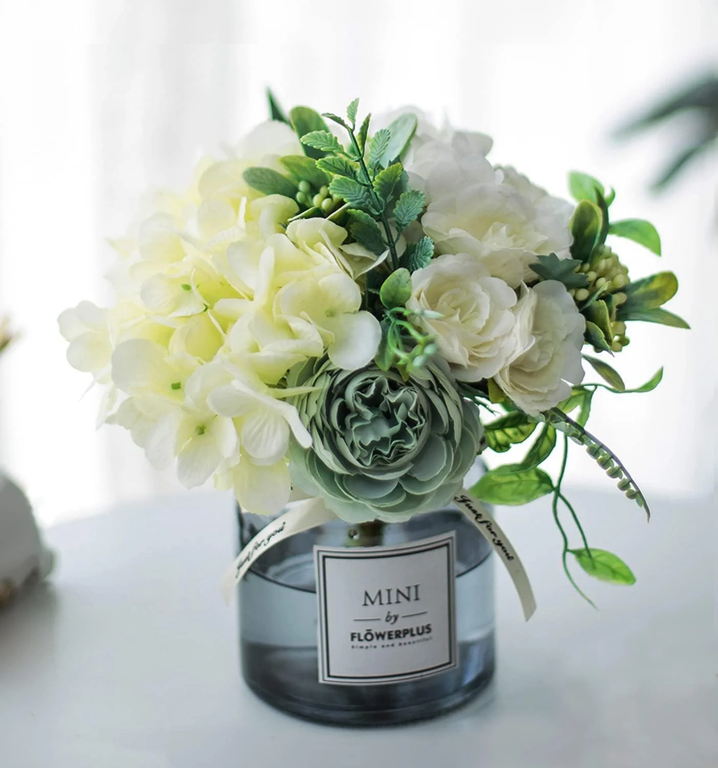 گل های مصنوعی SYOSI با گلدان، دسته گل رز مصنوعی برای تزئین میز، گل مصنوعی هورتانسیا برای تزئین میز اتاق نشیمن، اتاق خواب، مهمانی عروسی (سفید)