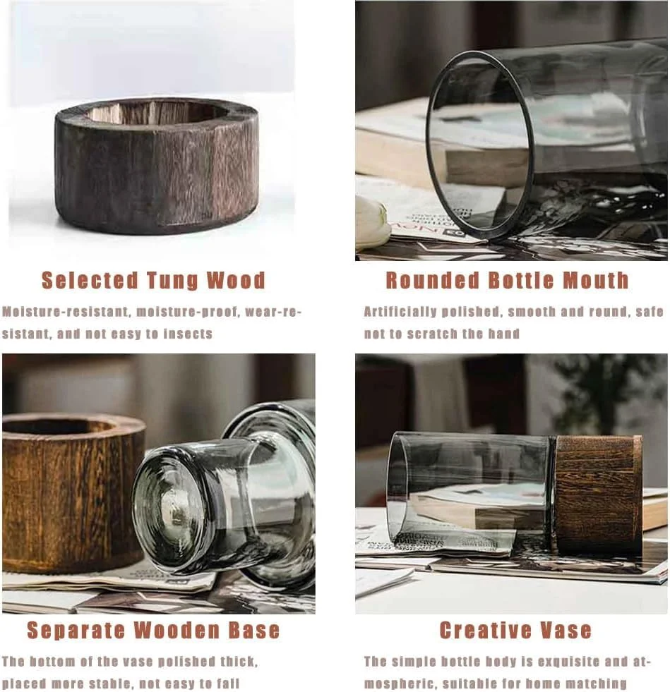 گلدان شیشه ای گل با پایه چوبی BAVIEN، گلدان های خاکستری لوکس و سبک، گلدان های استوانه ای کلاسیک، گلدان تزئینی برای میز شام، دکور قفسه میز اتاق نشیمن (بزرگ)