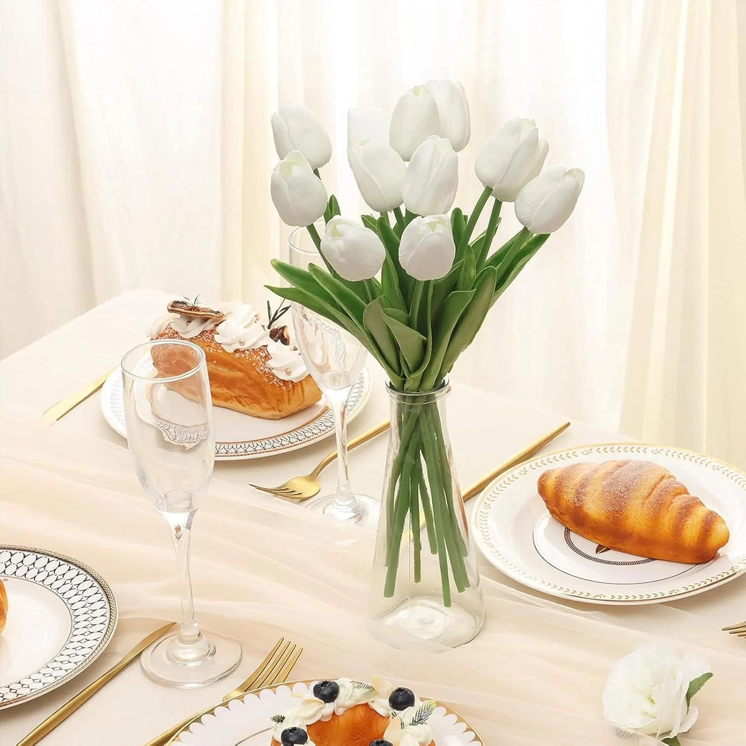 گل های مصنوعی YHOME، 20 عدد گل لاله مصنوعی سفید، گل های لاله مصنوعی برای تزئینات اتاق غذاخوری منزل، مهمانی عروسی، دفتر کار، دسته گل های گل مصنوعی با لمس واقعی