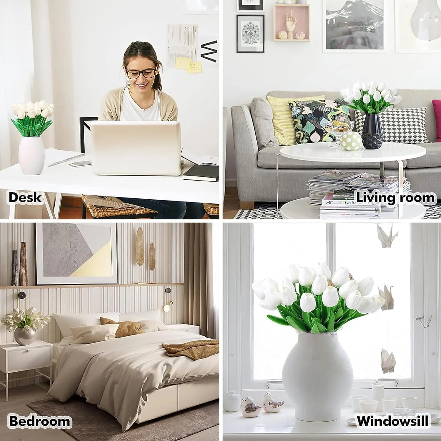 گل های مصنوعی YHOME، 20 عدد گل لاله مصنوعی سفید، گل های لاله مصنوعی برای تزئینات اتاق غذاخوری منزل، مهمانی عروسی، دفتر کار، دسته گل های گل مصنوعی با لمس واقعی