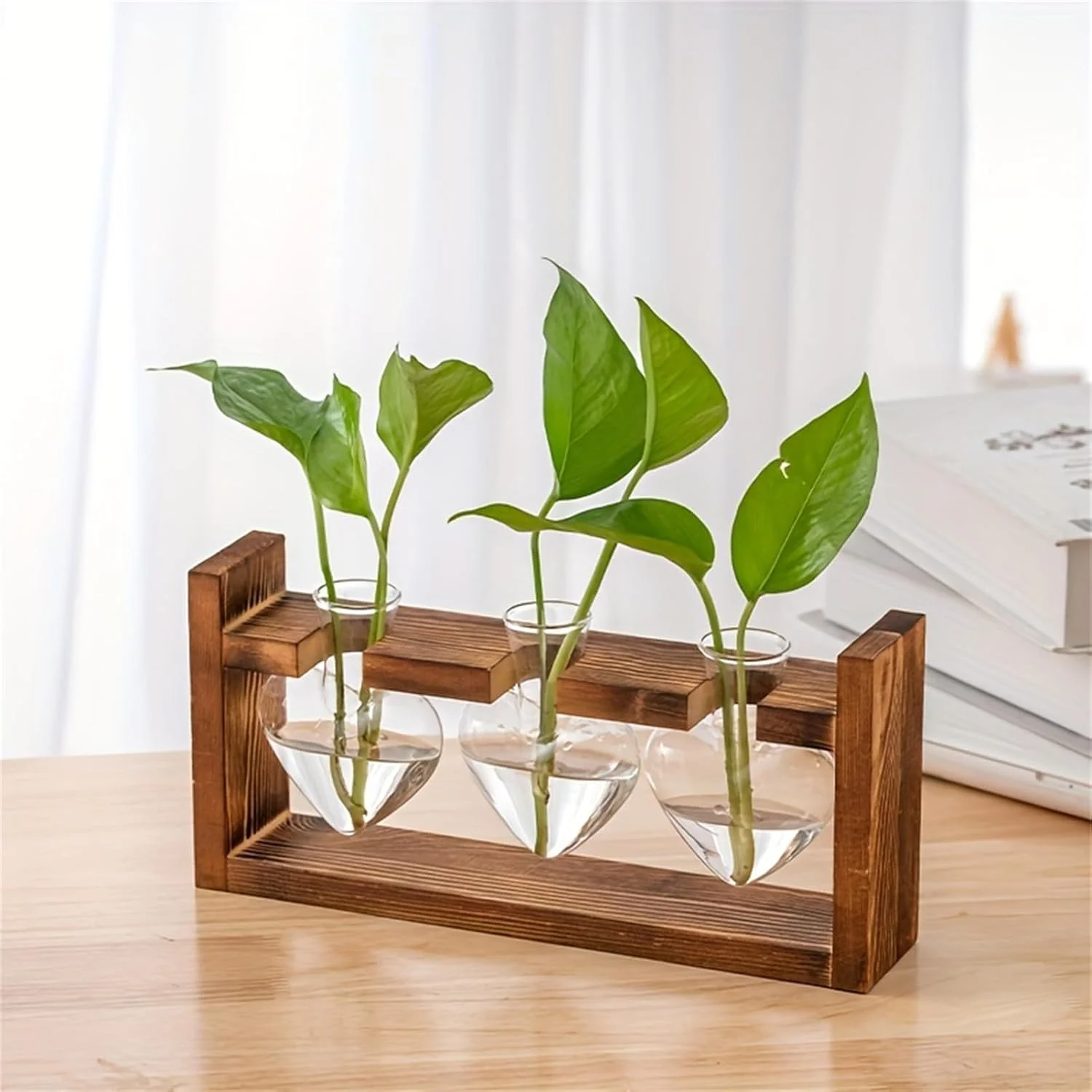 گلدان کوچک دکوری HYTTER، گلدان شیشه ای خلاقانه برای کاشت آبی، گلدان تزئینی رومیزی با پایه چوبی ضد لغزش قابل تنظیم (قلب شکل، بزرگ)