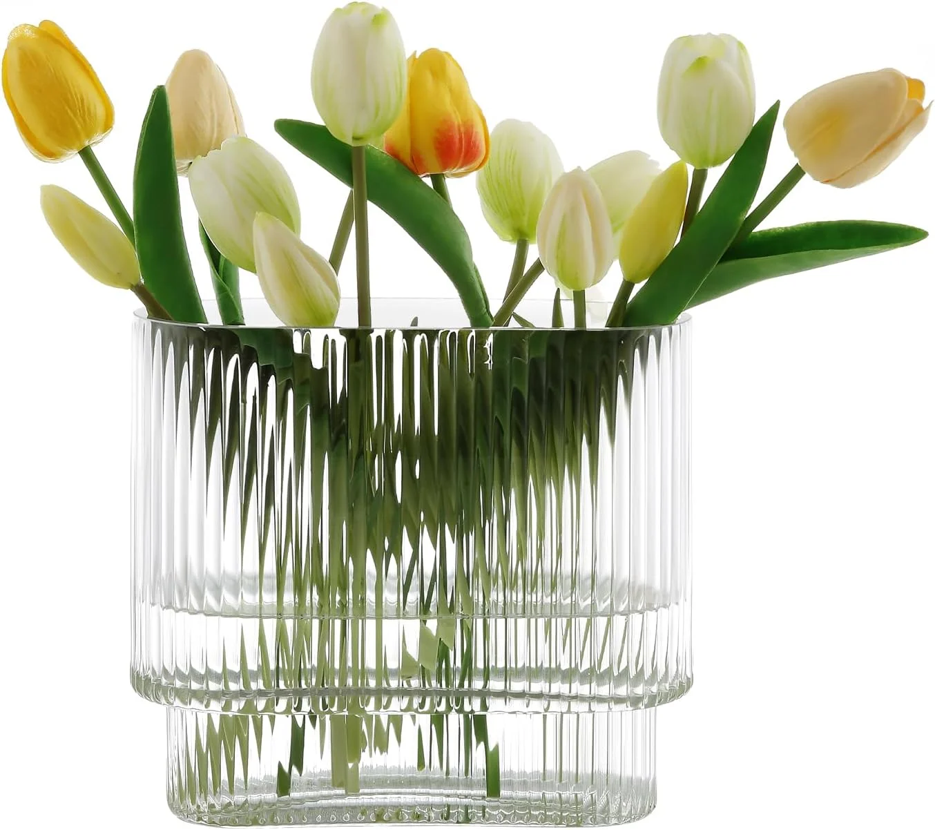 گلدان بیضی دنده ای Dinyeo، گلدان شیاردار شیشه ای شفاف برای دکوراسیون میز و مرکز خانه