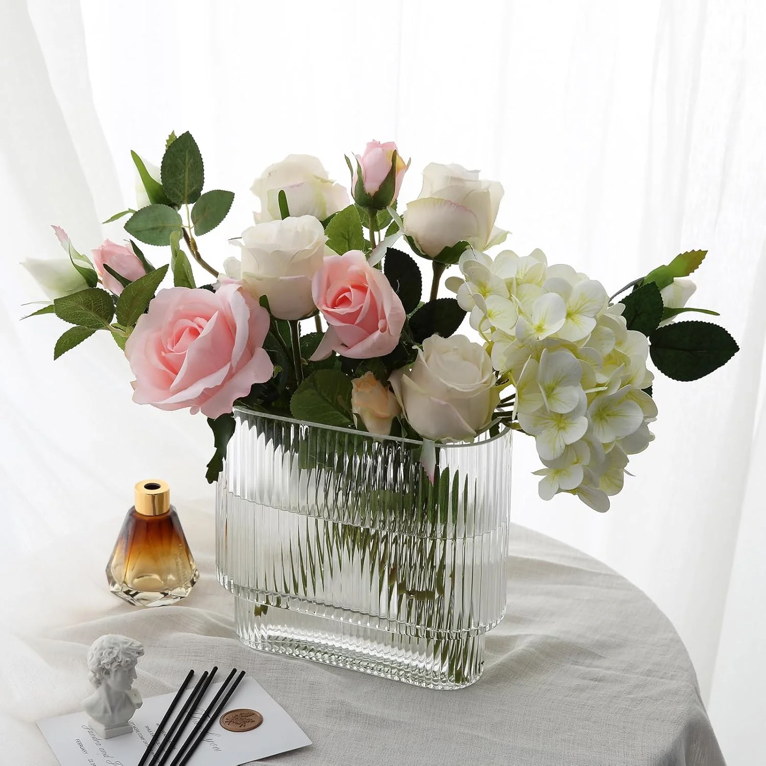 گلدان بیضی دنده ای Dinyeo، گلدان شیاردار شیشه ای شفاف برای دکوراسیون میز و مرکز خانه