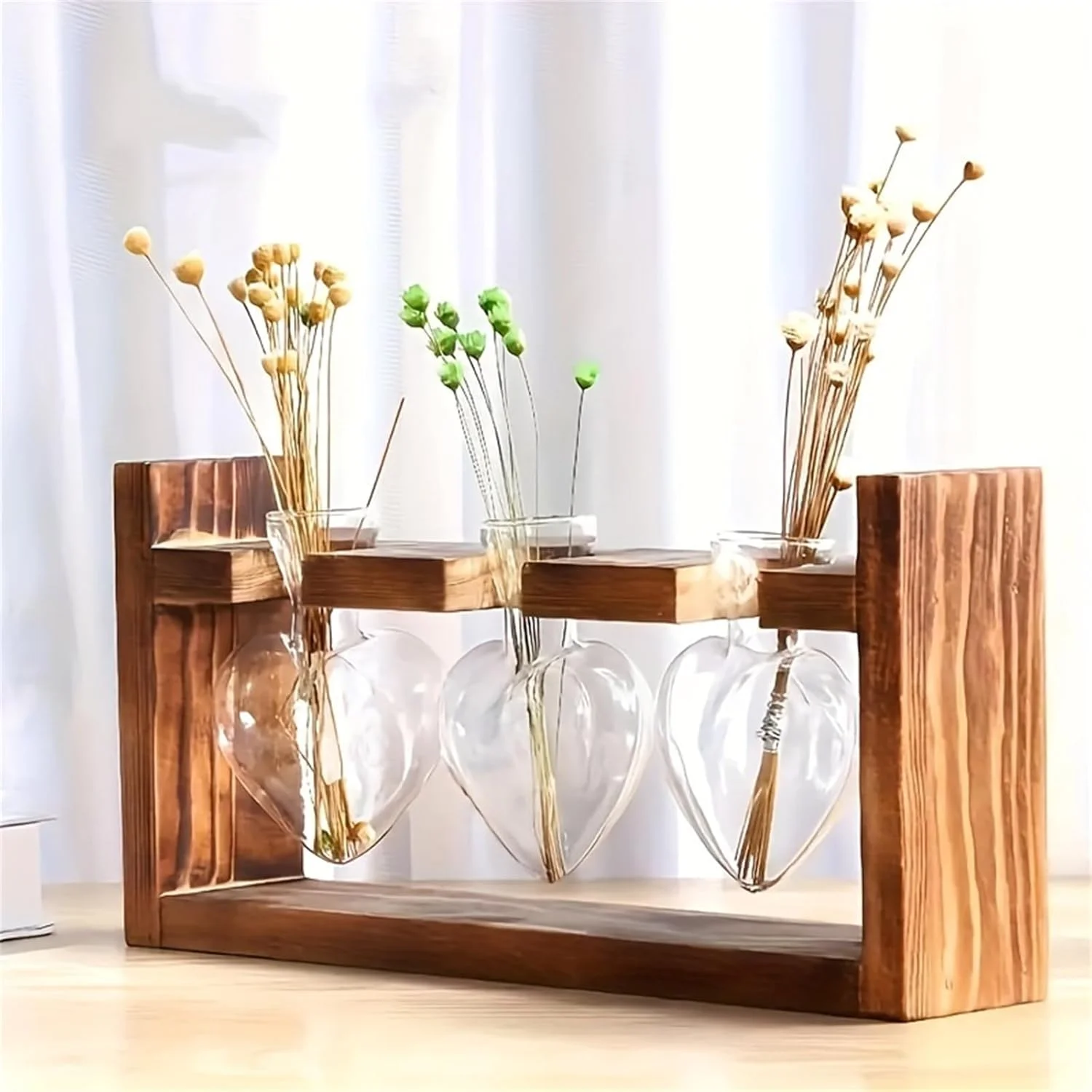گلدان کوچک دکوری HYTTER، گلدان شیشه ای خلاقانه برای کاشت آبی، گلدان تزئینی رومیزی با پایه چوبی ضد لغزش قابل تنظیم (قلب شکل، بزرگ)