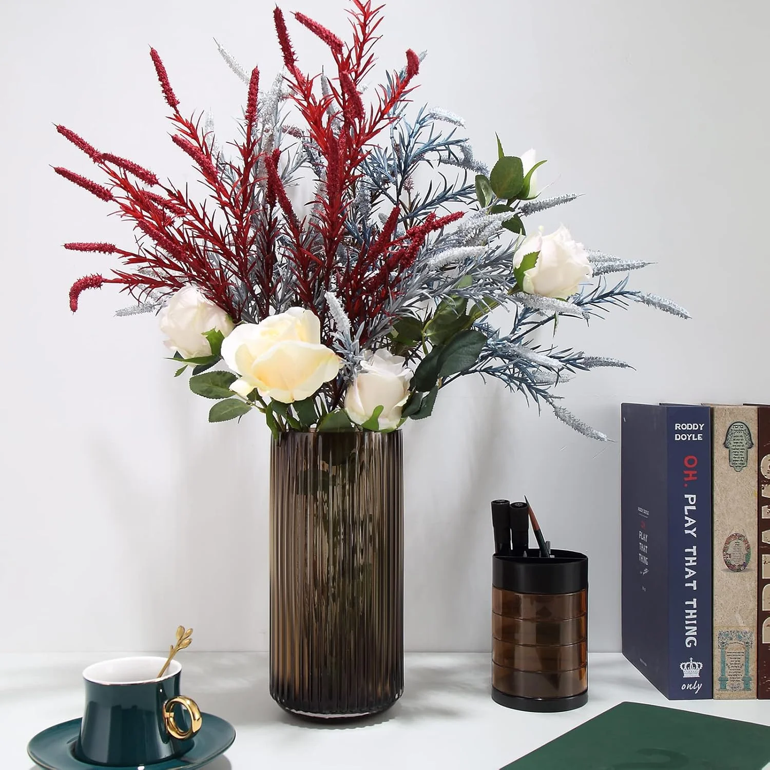 گلدان استوانه ای بزرگ شیاردار قهوه ای شیشه ای Dinyeo برای دکوراسیون میز ناهارخوری مزرعه