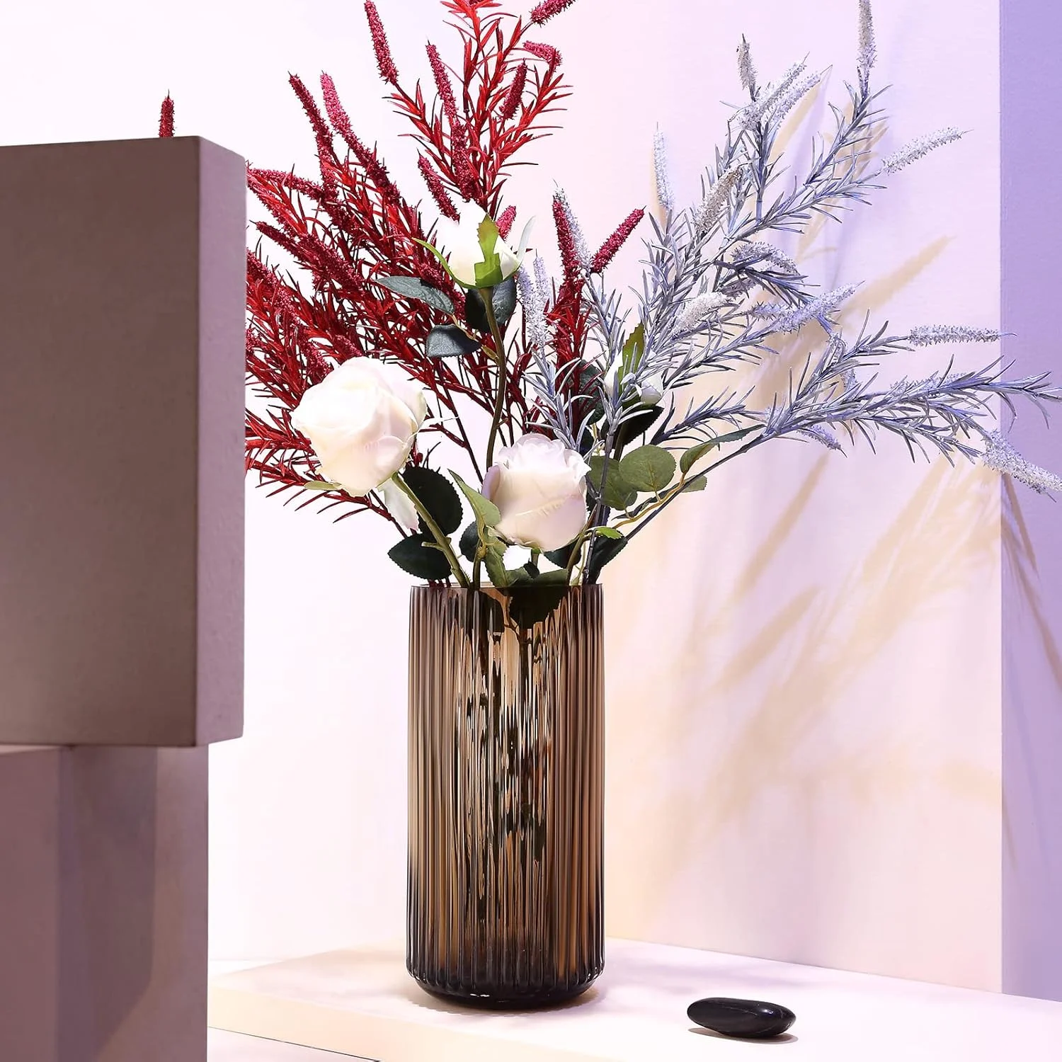 گلدان استوانه ای بزرگ شیاردار قهوه ای شیشه ای Dinyeo برای دکوراسیون میز ناهارخوری مزرعه