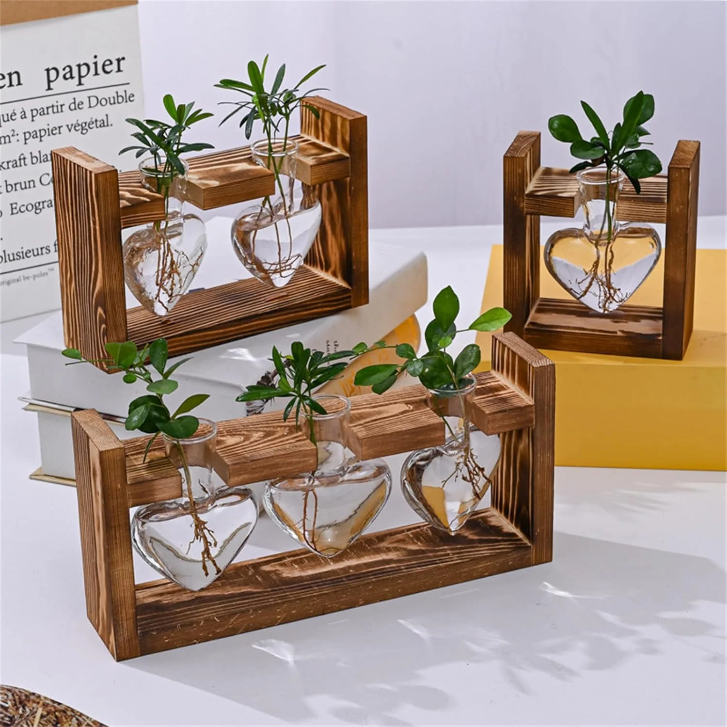 گلدان کوچک دکوری HYTTER، گلدان شیشه ای خلاقانه برای کاشت آبی، گلدان تزئینی رومیزی با پایه چوبی ضد لغزش قابل تنظیم (قلب شکل، بزرگ)
