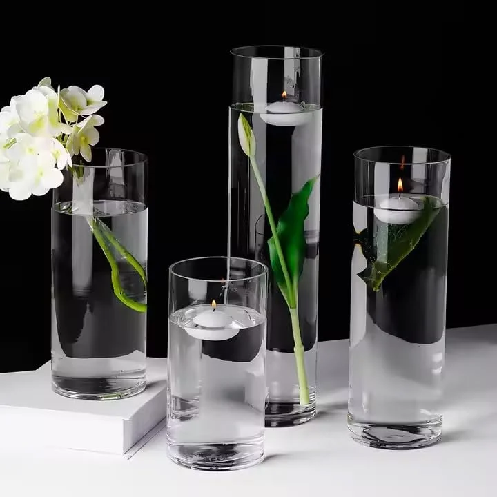 مجموعه 4 عددی گلدان استوانه ای شیشه ای Mado Gallery، جا شمعی و گلدان تزئینی برای منزل یا عروسی | مناسب برای شمع های شناور و استوانه ای