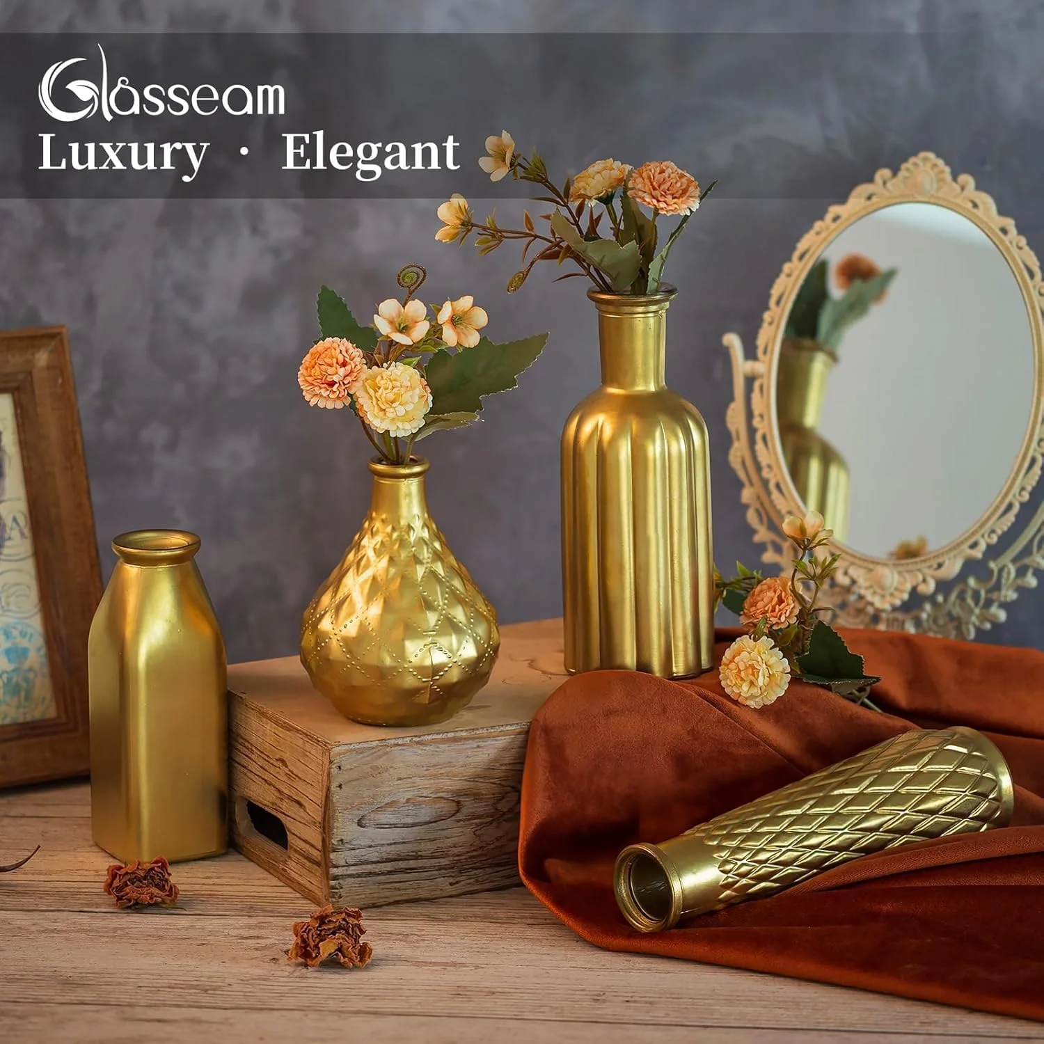 گلدان طلایی Glasseam برای گل، گلدان های شیشه ای کوچک برای دکور، ست گلدان گل مدرن 4 عددی، گلدان های تزئینی طلایی برای دکوراسیون منزل، گلدان های طلایی زیبا برای دکوراسیون اتاق نشیمن