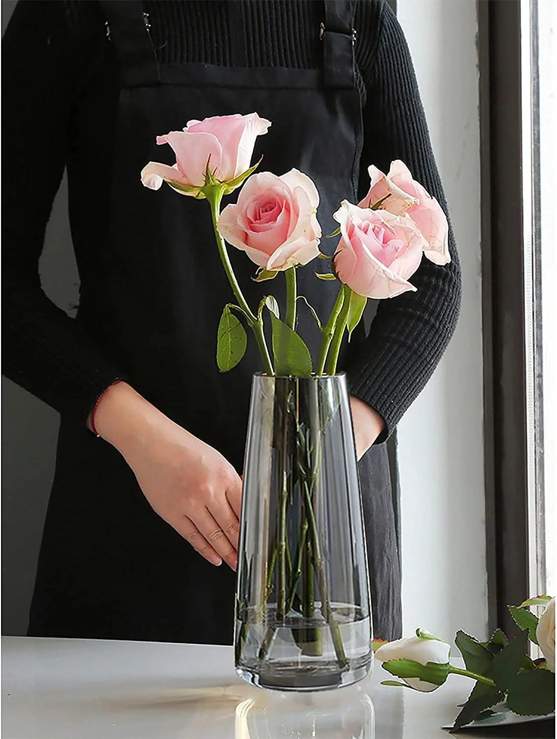 گلدان شیشه ای گل Heifgott برای دکوراسیون منزل، گلدان شفاف دست ساز مدرن بزرگ برای میزهای پذیرایی، اتاق نشیمن، آشپزخانه، دفتر کار، مهمانی عروسی 8.7 اینچ (خاکستری کریستالی)