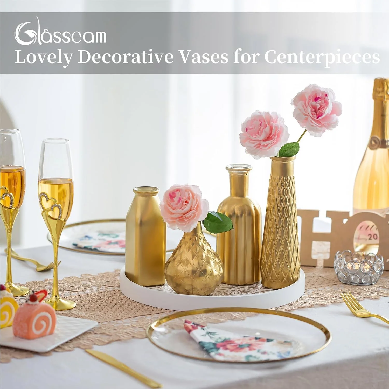 گلدان طلایی Glasseam برای گل، گلدان های شیشه ای کوچک برای دکور، ست گلدان گل مدرن 4 عددی، گلدان های تزئینی طلایی برای دکوراسیون منزل، گلدان های طلایی زیبا برای دکوراسیون اتاق نشیمن