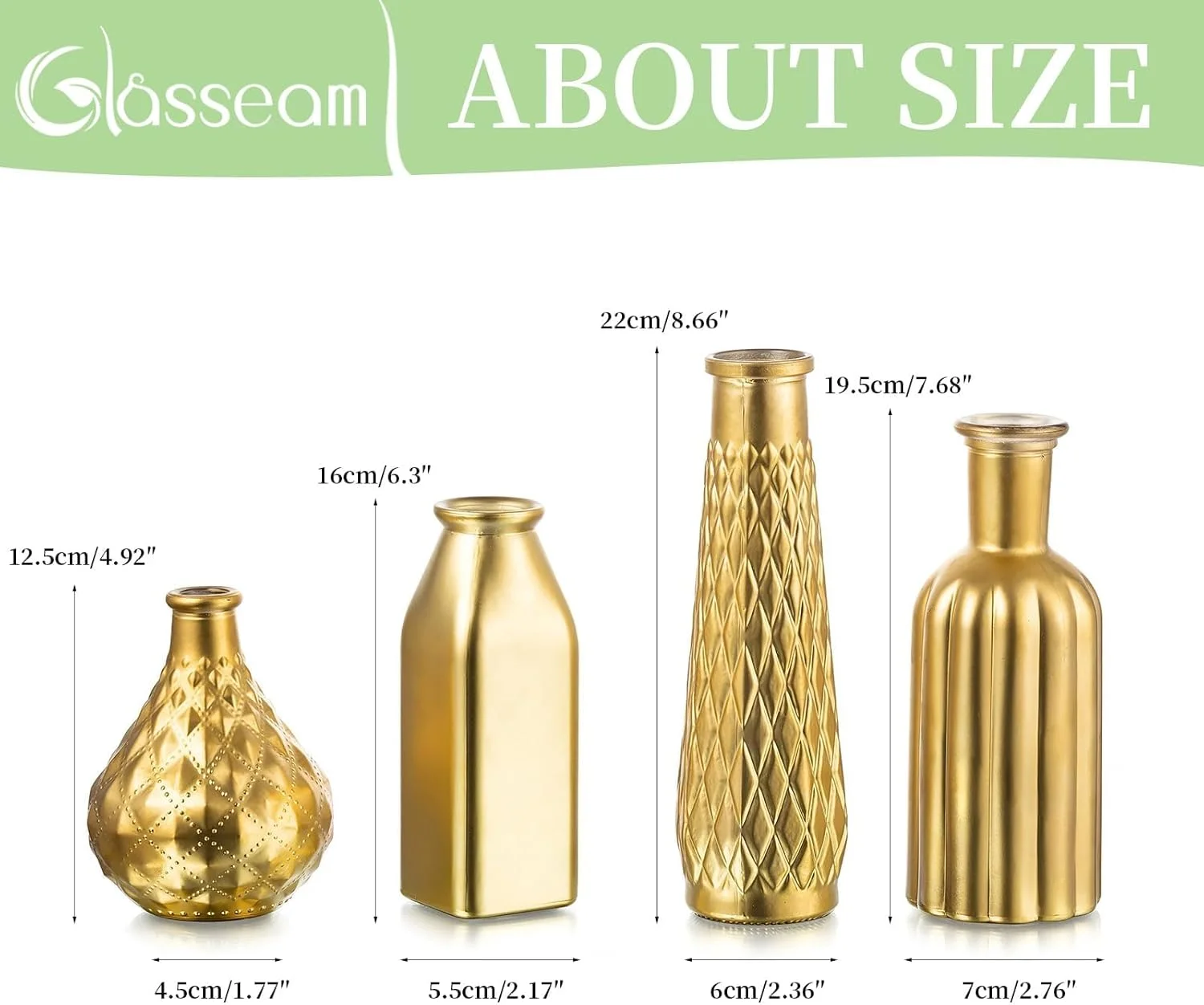 گلدان طلایی Glasseam برای گل، گلدان های شیشه ای کوچک برای دکور، ست گلدان گل مدرن 4 عددی، گلدان های تزئینی طلایی برای دکوراسیون منزل، گلدان های طلایی زیبا برای دکوراسیون اتاق نشیمن