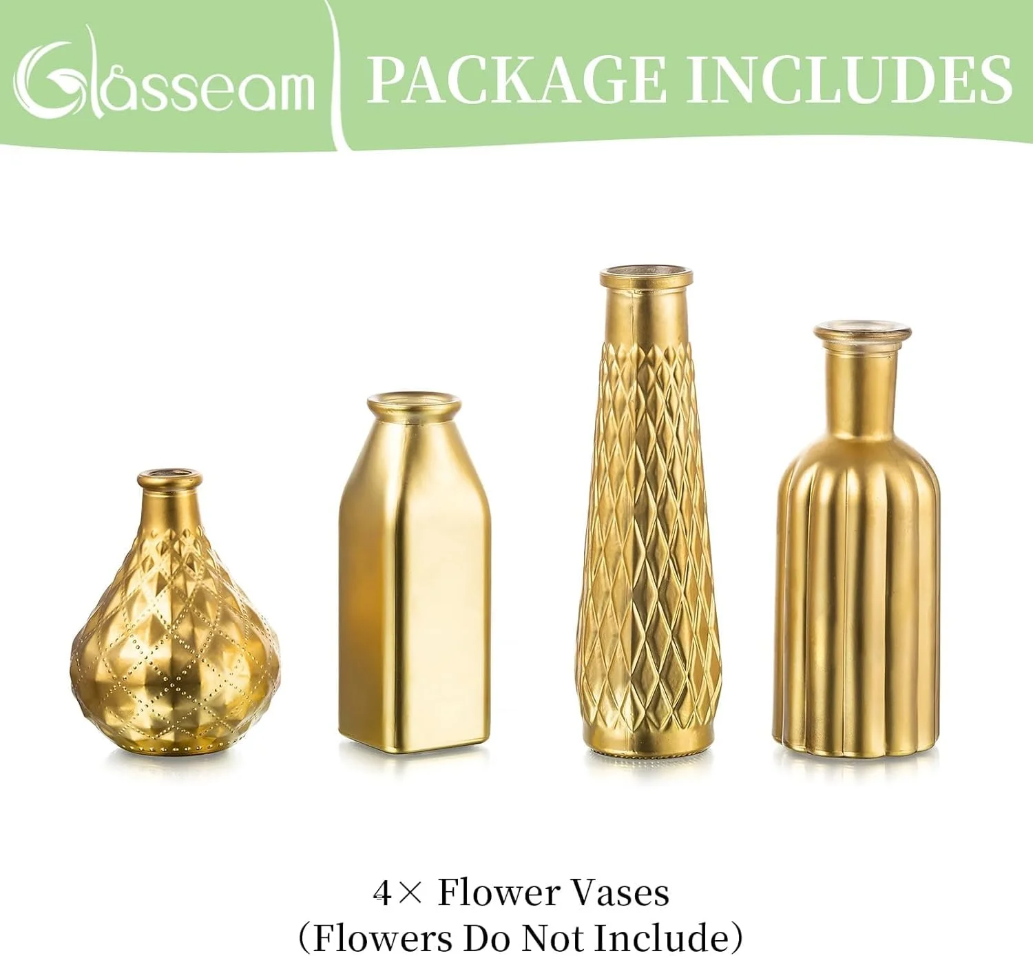 گلدان طلایی Glasseam برای گل، گلدان های شیشه ای کوچک برای دکور، ست گلدان گل مدرن 4 عددی، گلدان های تزئینی طلایی برای دکوراسیون منزل، گلدان های طلایی زیبا برای دکوراسیون اتاق نشیمن
