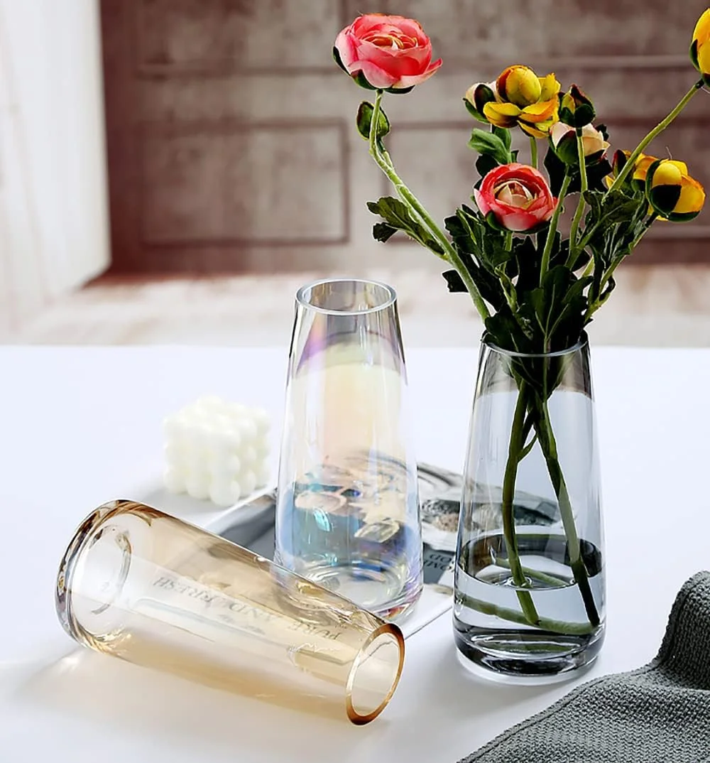 گلدان شیشه ای گل Heifgott برای دکوراسیون منزل، گلدان شفاف دست ساز مدرن بزرگ برای میزهای پذیرایی، اتاق نشیمن، آشپزخانه، دفتر کار، مهمانی عروسی 8.7 اینچ (خاکستری کریستالی)