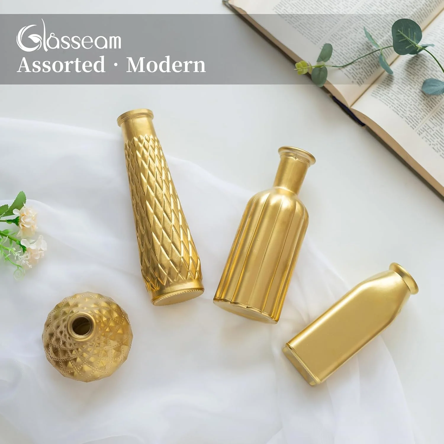 گلدان طلایی Glasseam برای گل، گلدان های شیشه ای کوچک برای دکور، ست گلدان گل مدرن 4 عددی، گلدان های تزئینی طلایی برای دکوراسیون منزل، گلدان های طلایی زیبا برای دکوراسیون اتاق نشیمن