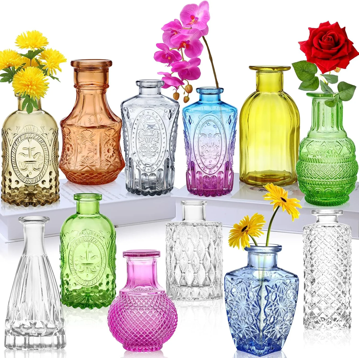 ست 12 عددی گلدان شیشه ای کوچک INFTYLE، گلدان های کوچک برای گل، گلدان های رنگی، گلدان های مینیاتوری دکوری روستایی برای میزهای پذیرایی، بطری های شیشه ای قدیمی برای عروسی، خانه، ست هدیه رومیزی - چند رنگ - 12 عدد
