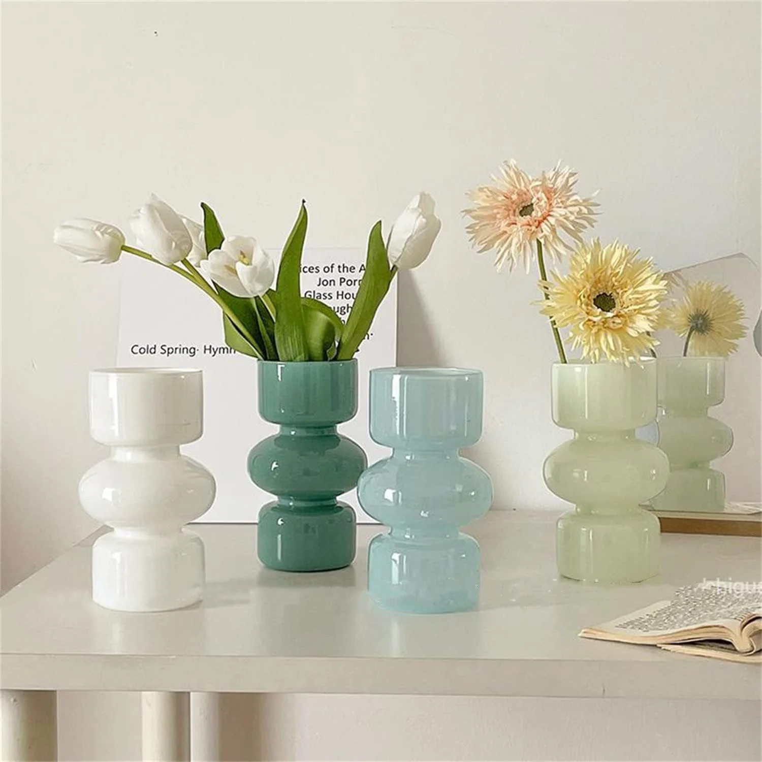 گلدان شیشه ای هیدروپونیک JSPYFITS، گلدان حبابی شیشه ای رنگی 7 اینچی برای گل، گلدان شیشه ای سه لایه فانتزی برای دکور گل میز خانه/دفتر/عروسی/مهمانی (سبز شیری)