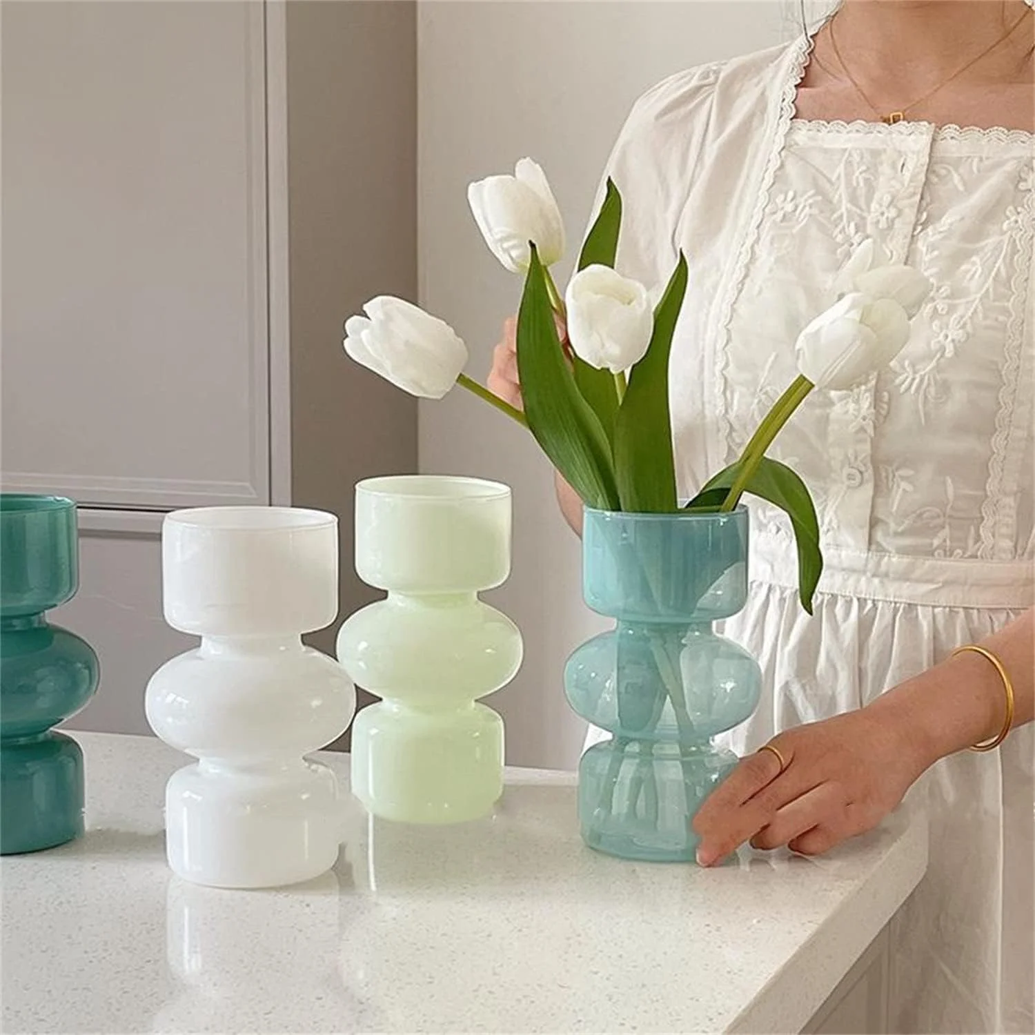 گلدان شیشه ای هیدروپونیک JSPYFITS، گلدان حبابی شیشه ای رنگی 7 اینچی برای گل، گلدان شیشه ای سه لایه فانتزی برای دکور گل میز خانه/دفتر/عروسی/مهمانی (سبز شیری)