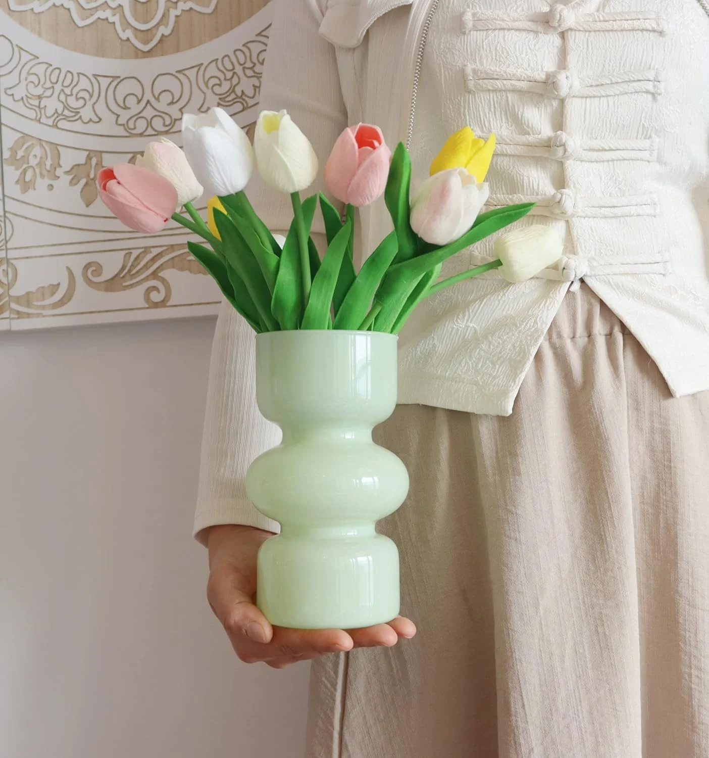 گلدان شیشه ای هیدروپونیک JSPYFITS، گلدان حبابی شیشه ای رنگی 7 اینچی برای گل، گلدان شیشه ای سه لایه فانتزی برای دکور گل میز خانه/دفتر/عروسی/مهمانی (سبز شیری)