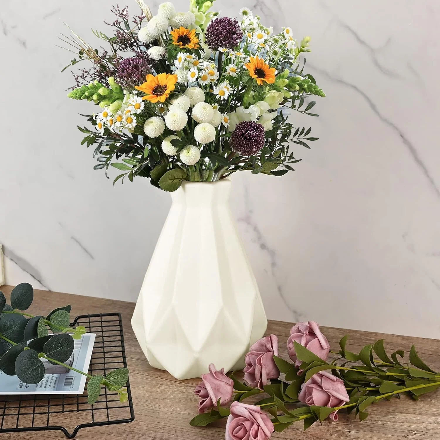 گلدان پلاستیکی خلاقانه LENND، گلدان تزئینی اتاق نشیمن، گلدان هیدروپونیک خلاقانه برای چیدمان گل، گلدان تزئینی رومیزی هندسی سفید (2 عدد)