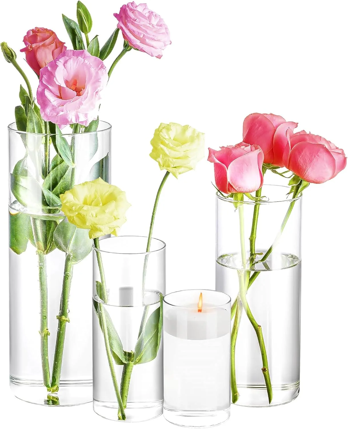 مجموعه 4 عددی گلدان شیشه ای استوانه ای MAMATOONS با ارتفاع های 10، 15، 20 و 25 سانتی متر، گلدان شفاف برای گل، شمعدان طوفانی برای شمع های ستونی، شناور، وارمر، دکوراسیون منزل و عروسی، چهار سایز مختلف