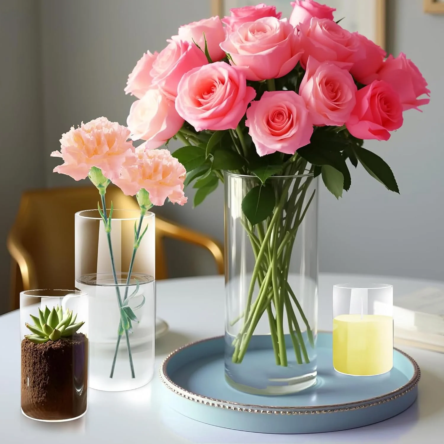 مجموعه 4 عددی گلدان شیشه ای استوانه ای MAMATOONS با ارتفاع های 10، 15، 20 و 25 سانتی متر، گلدان شفاف برای گل، شمعدان طوفانی برای شمع های ستونی، شناور، وارمر، دکوراسیون منزل و عروسی، چهار سایز مختلف