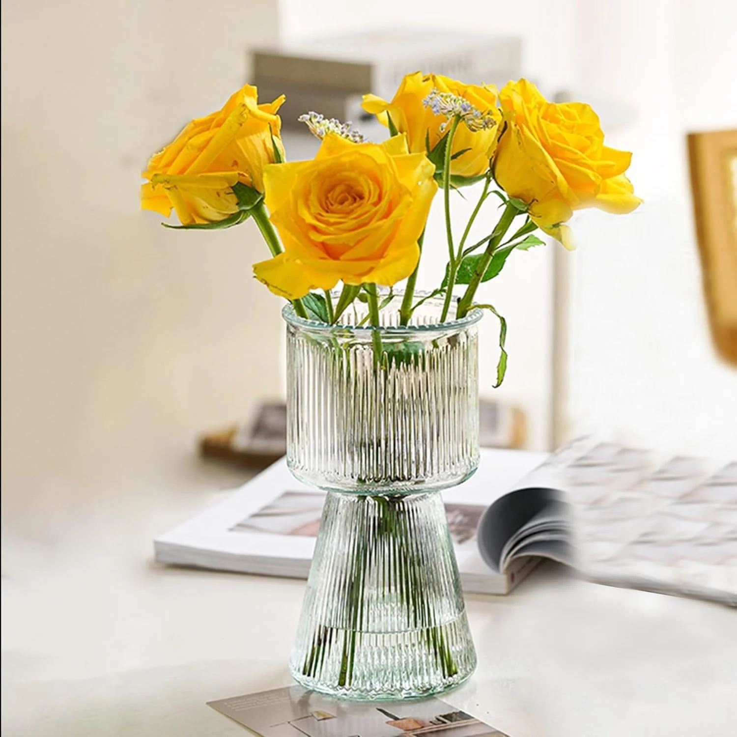 گلدان شیشه ای برای گل - گلدان مدرن راه راه برای دکوراسیون منزل، قطعه مرکزی برای اتاق نشیمن، اتاق خواب، دکوراسیون عروسی و خانه (شفاف)