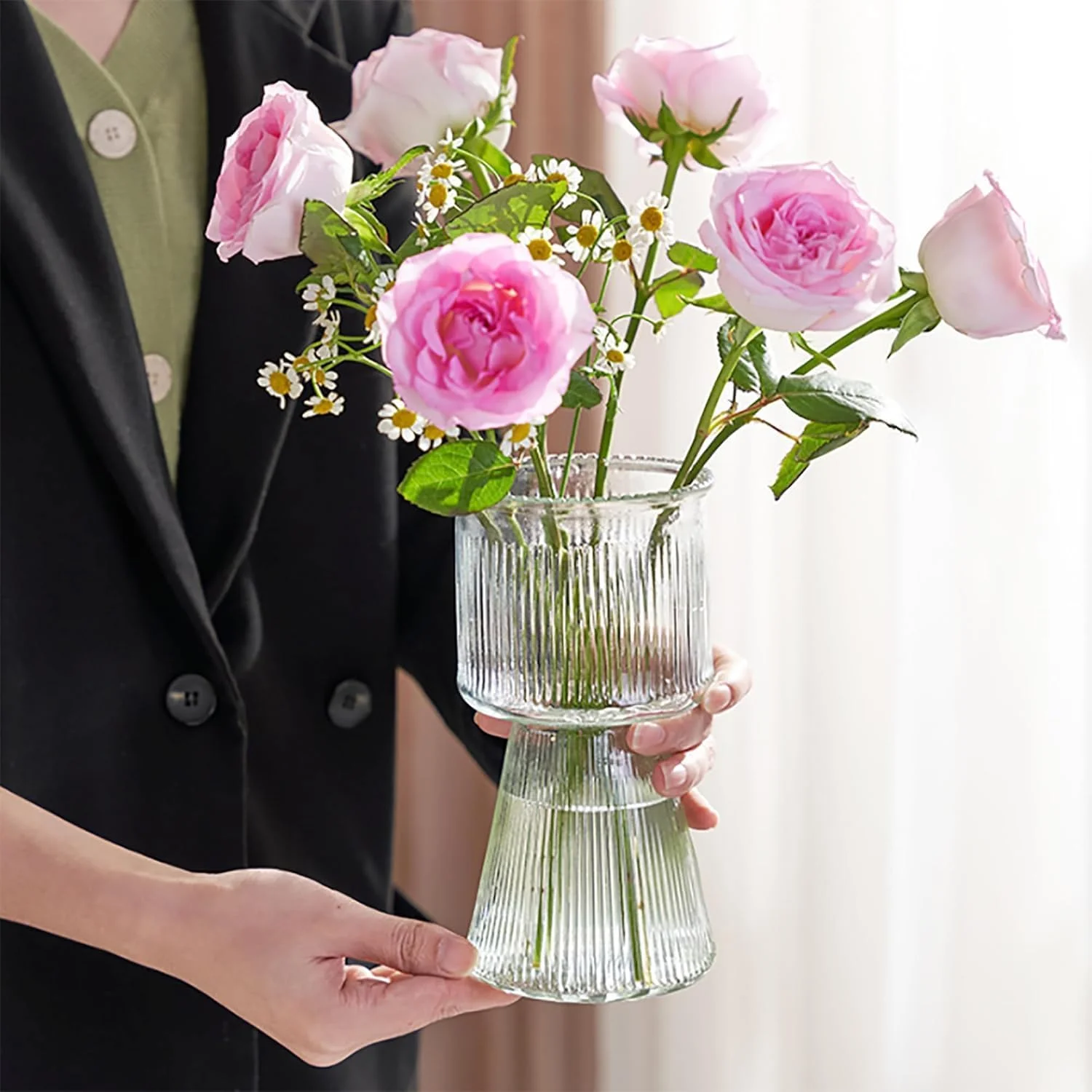 گلدان شیشه ای برای گل - گلدان مدرن راه راه برای دکوراسیون منزل، قطعه مرکزی برای اتاق نشیمن، اتاق خواب، دکوراسیون عروسی و خانه (شفاف)