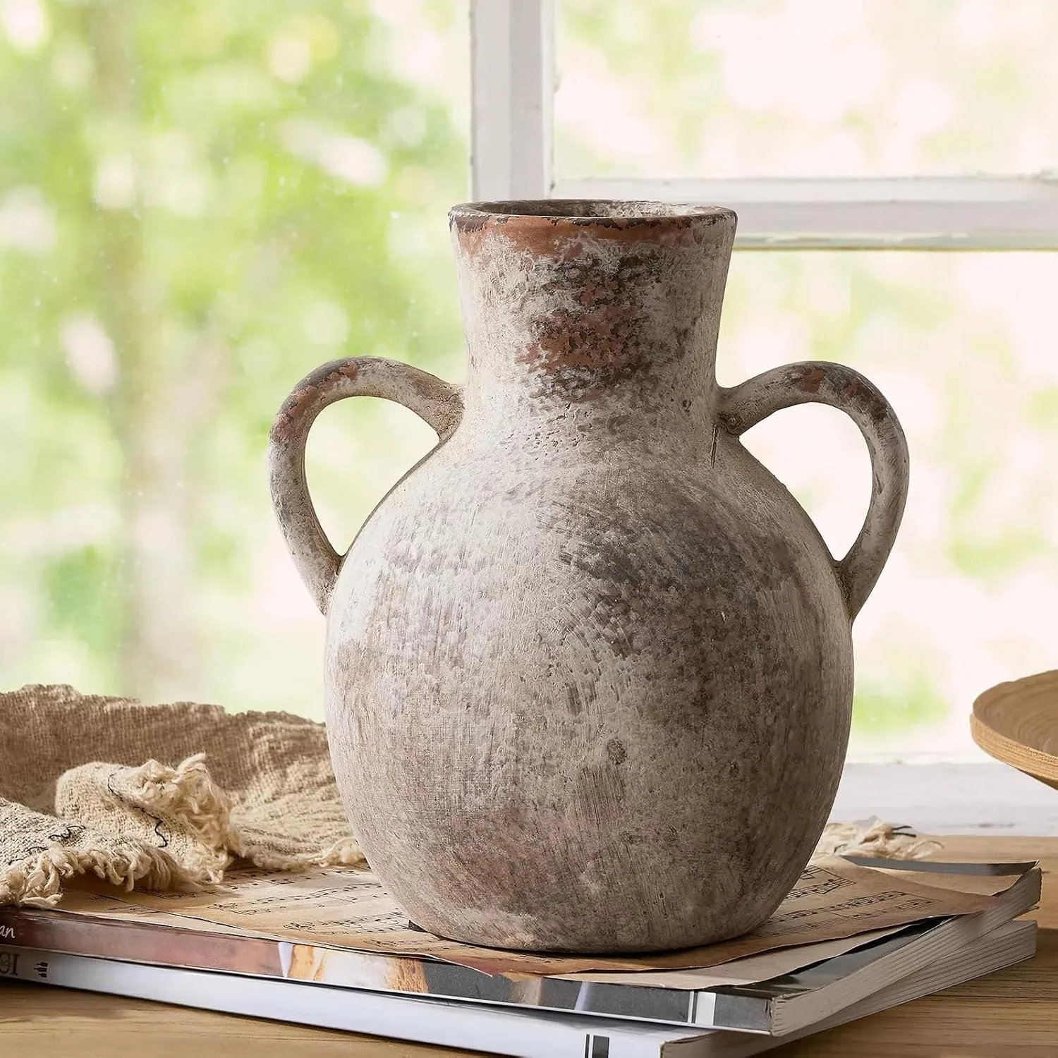 گلدان سرامیکی روستیک Jaffiust با 2 دسته، گلدان سفالی سفیدکاری شده 7.3 اینچی، گلدان گل سفالی تزئینی برای دکوراسیون منزل، میز، اتاق نشیمن، دکور قفسه (زنگ زده)