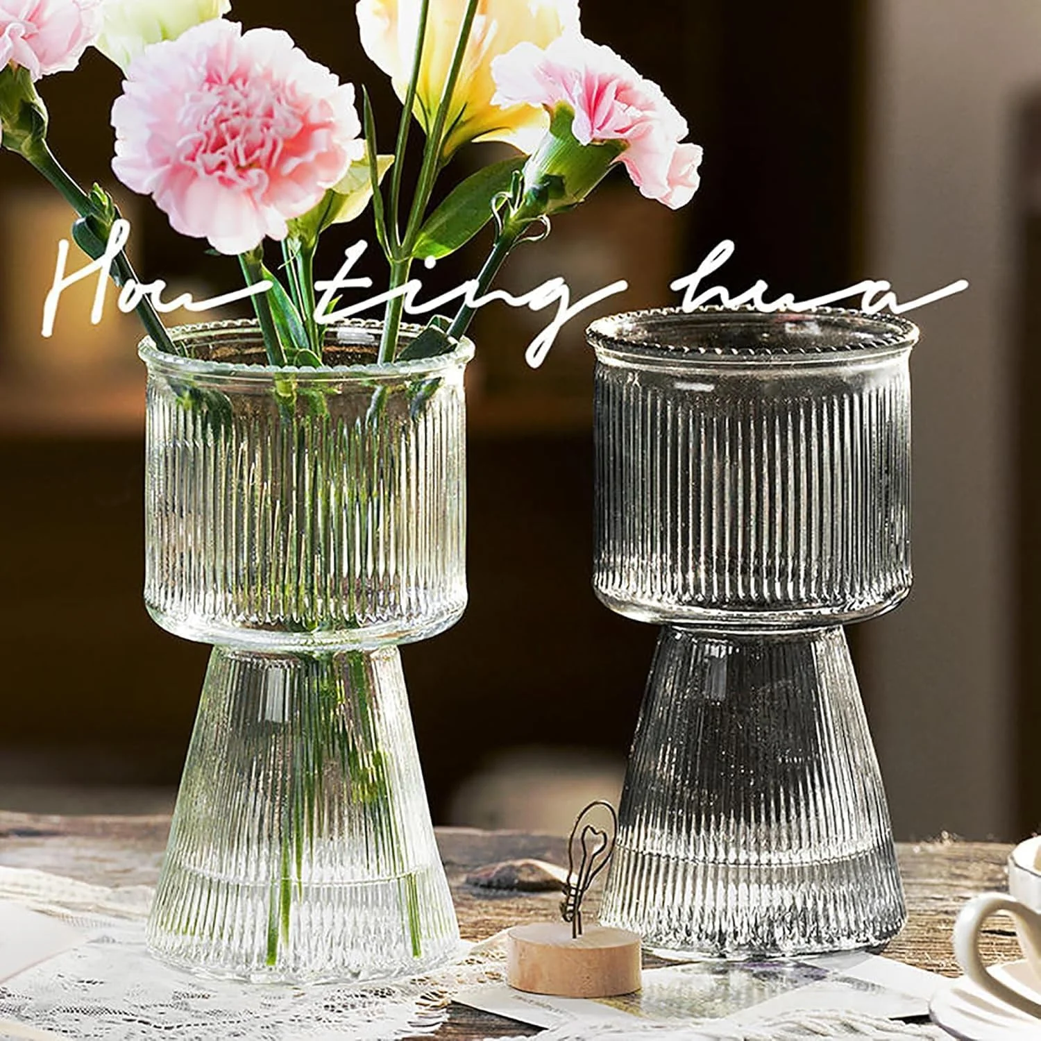 گلدان شیشه ای برای گل - گلدان مدرن راه راه برای دکوراسیون منزل، قطعه مرکزی برای اتاق نشیمن، اتاق خواب، دکوراسیون عروسی و خانه (شفاف)