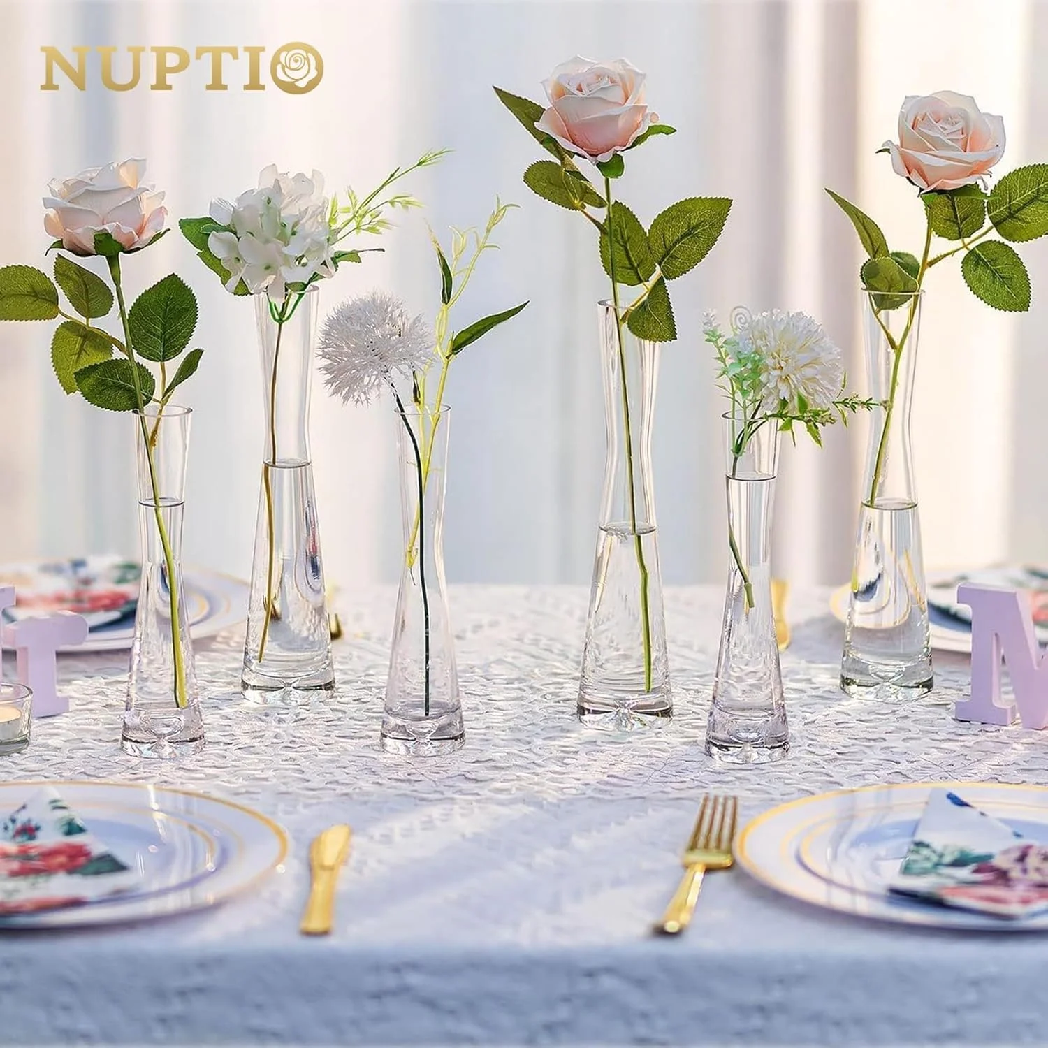گلدان شیشه ای باریک NUPTIO: گلدان های گل باریک و شفاف 25 سانتی متری برای دکور میز - تزئینات مدرن مینیمالیستی برای اتاق نشیمن منزل عروسی میز اداری قفسه هدیه مجموعه 6 عددی
