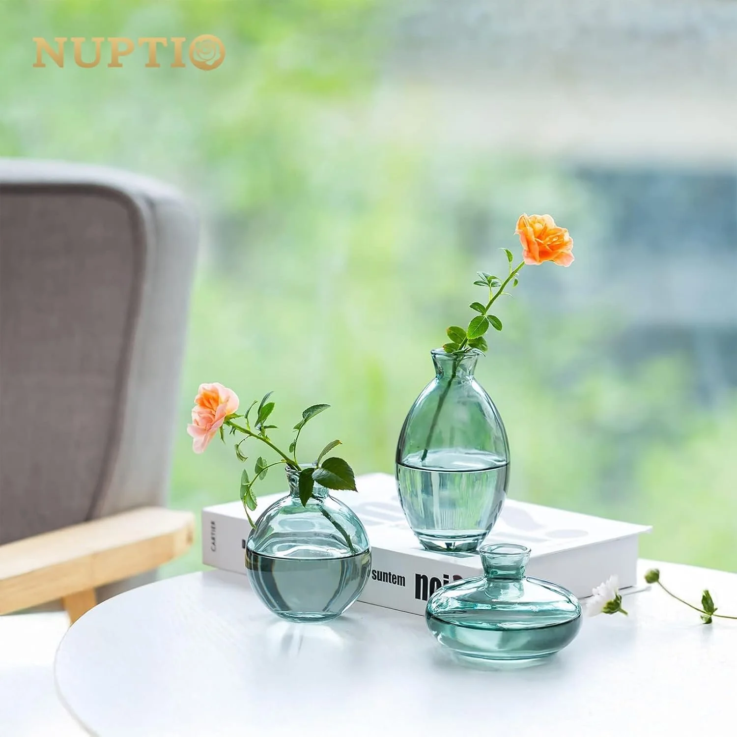 گلدان شیشه ای کوچک NUPTIO: گلدان های سبز مینیاتوری برای تزیین میز - دکوراسیون های زیبا و قدیمی برای اتاق نشیمن خانه، میز کار اداری، ست هدیه عروسی 3 عددی گل رز رنگی