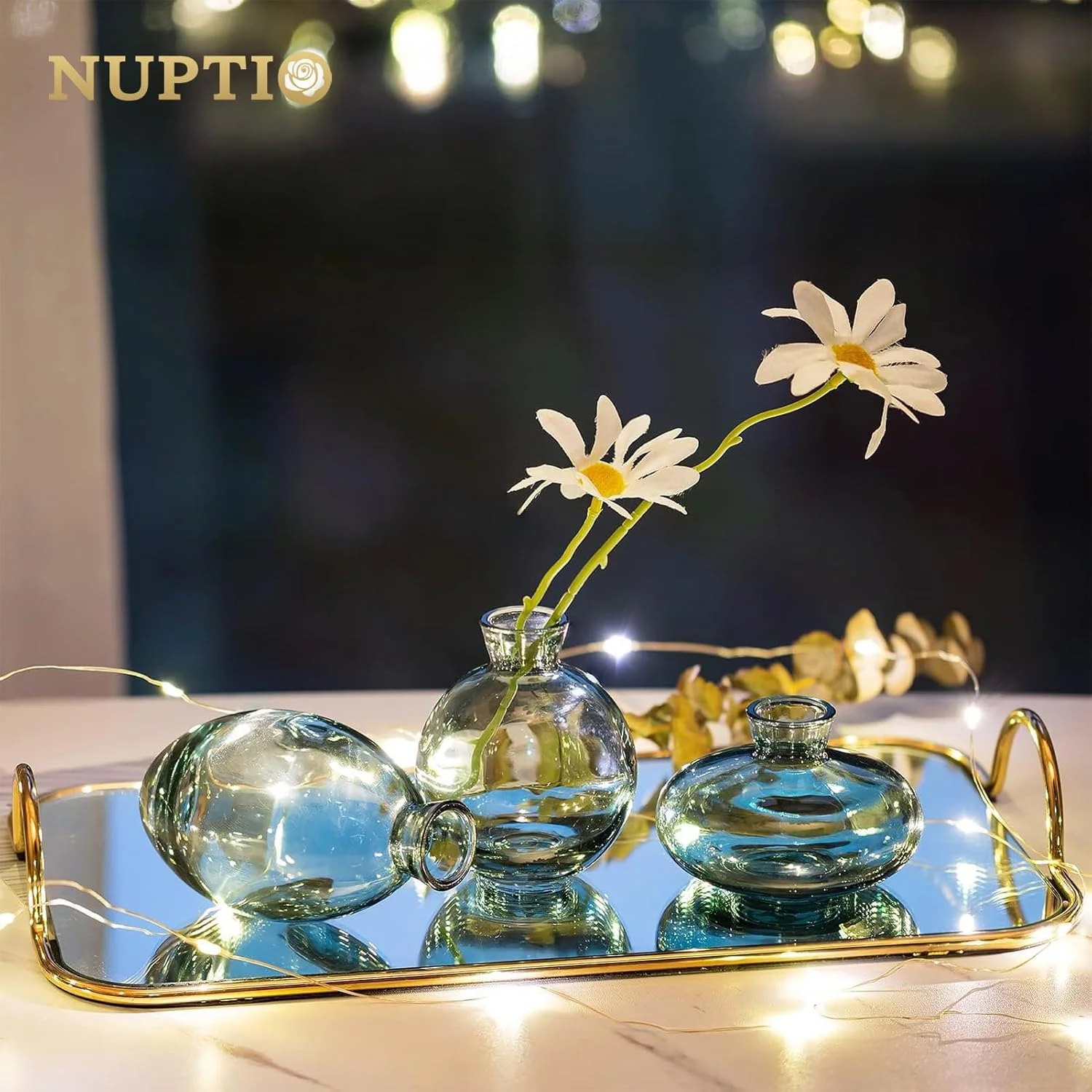 گلدان شیشه ای کوچک NUPTIO: گلدان های سبز مینیاتوری برای تزیین میز - دکوراسیون های زیبا و قدیمی برای اتاق نشیمن خانه، میز کار اداری، ست هدیه عروسی 3 عددی گل رز رنگی