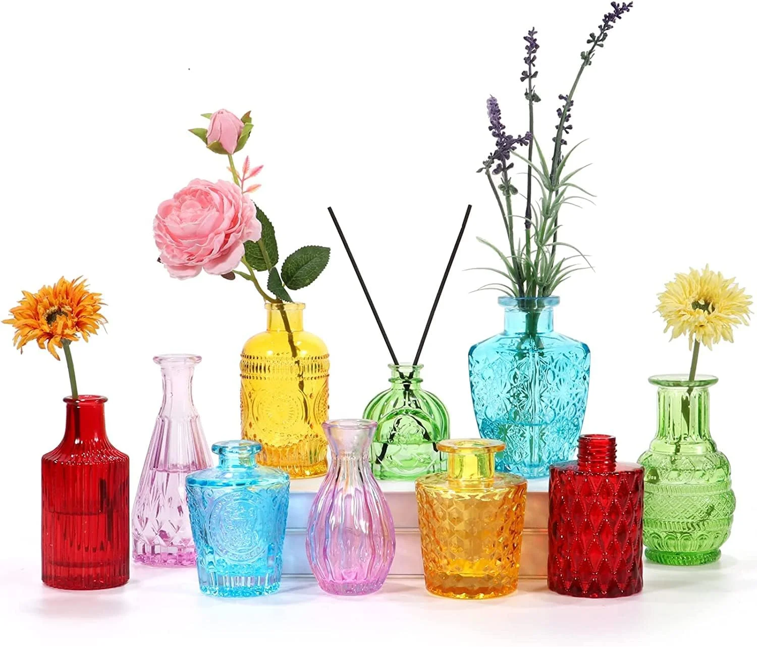 ست 10 عددی گلدان شیشه ای O9 O-NINE، گلدان های کوچک برای گل، گلدان های تک شاخه رنگارنگ به صورت عمده، گلدان های مینیاتوری دکوری روستیک برای تزیین میز، بطری های شیشه ای قدیمی برای عروسی، خانه، تزیین میز