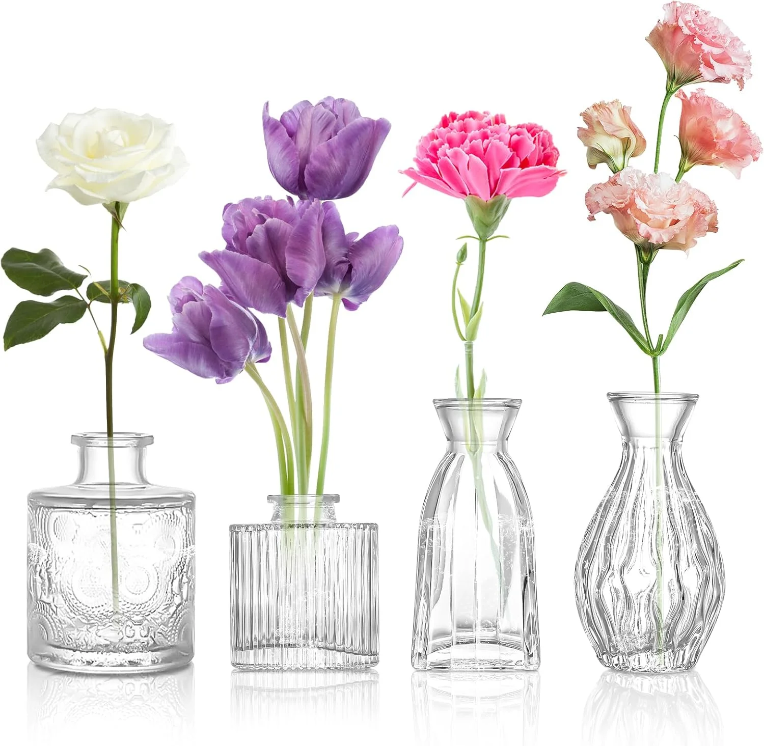 ODDMUCK گلدان شیشه ای، ست 4 عددی گلدان شفاف برای میزهای پذیرایی، گلدان های گل شیشه ای قدیمی به صورت عمده مناسب برای عروسی، مهمانی یا دکوراسیون منزل