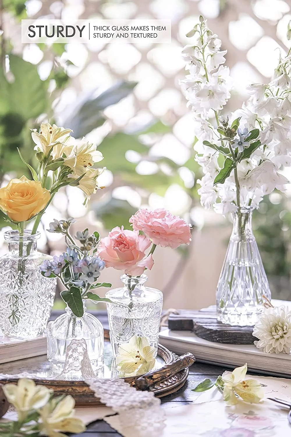 ست 10 عددی گلدان شیشه ای OFRANK - گلدان های کوچک برای گل، گلدان های شیشه ای شفاف به صورت عمده، گلدان های شیشه ای زیبا برای تزیین میز، گلدان مینیاتوری قدیمی برای تزیینات عروسی روستایی، دکور گل میز خانه