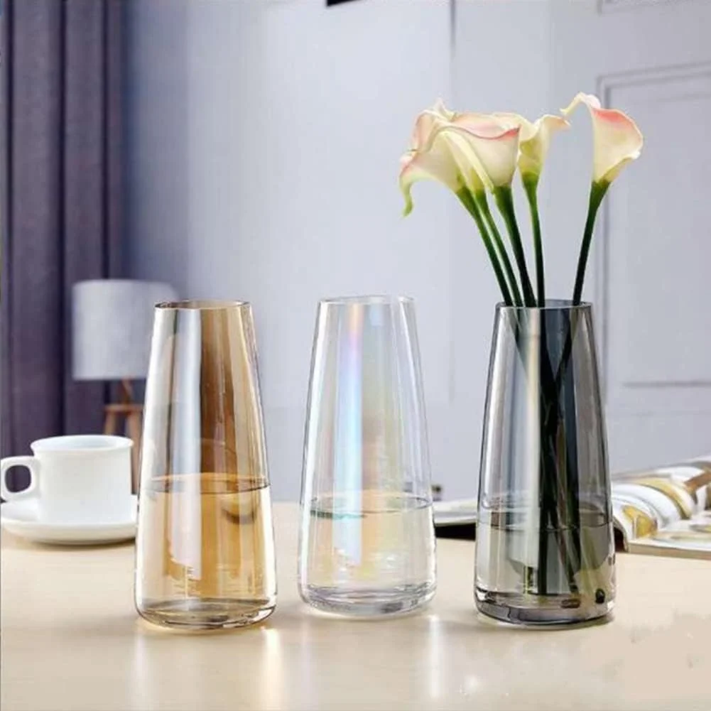 گلدان شیشه ای مدرن OOMYL، گلدان شیشه ای شفاف کریستالی رنگین کمانی برای دکوراسیون منزل و دفتر کار (خاکستری کریستالی)