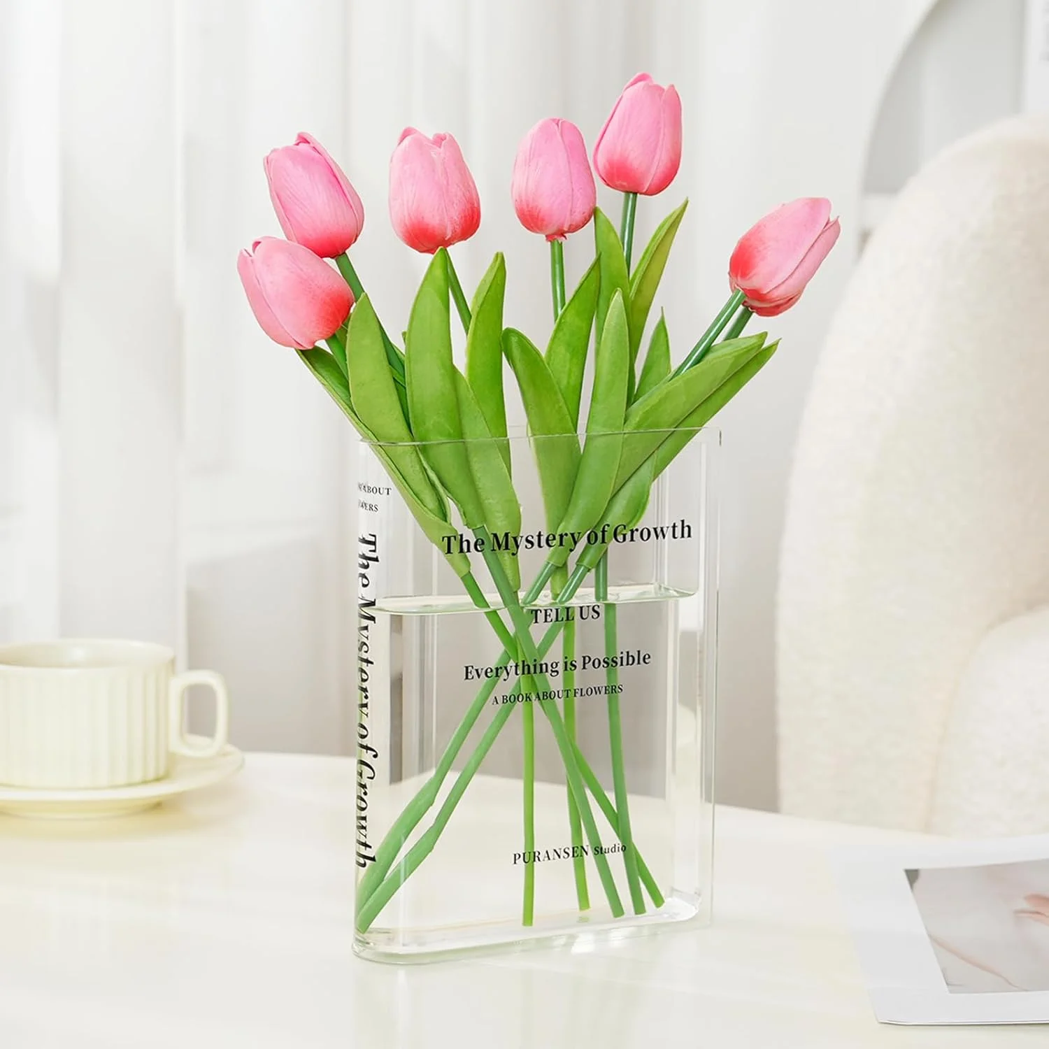 گلدان کتابی Puransen برای دکوراسیون زیبای اتاق، گلدان تزئینی هنری و فرهنگی با طعم اکریلیک، دکوری منحصر به فرد برای خانه/اتاق خواب/دفتر، کتابی درباره گل ها (رنگ شفاف)