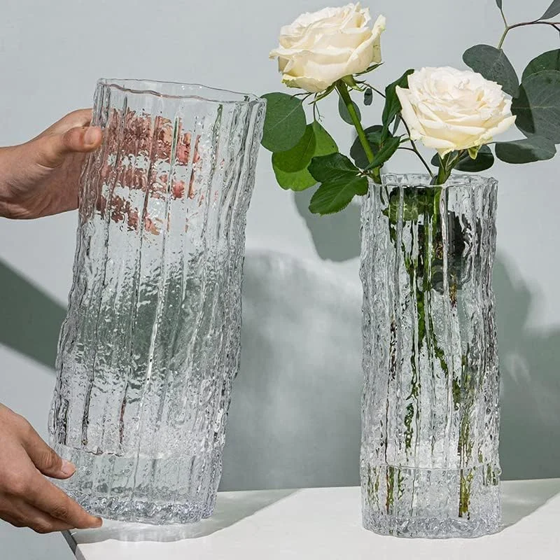 گلدان شیشه ای استوانه ای مدرن QEEYON - گلدان بزرگ تزئینی دست ساز شفاف با پایه یخی جامد برای خانه، دفتر، دکوراسیون عروسی، هدیه، کریسمس (30 x 10 سانتی متر)