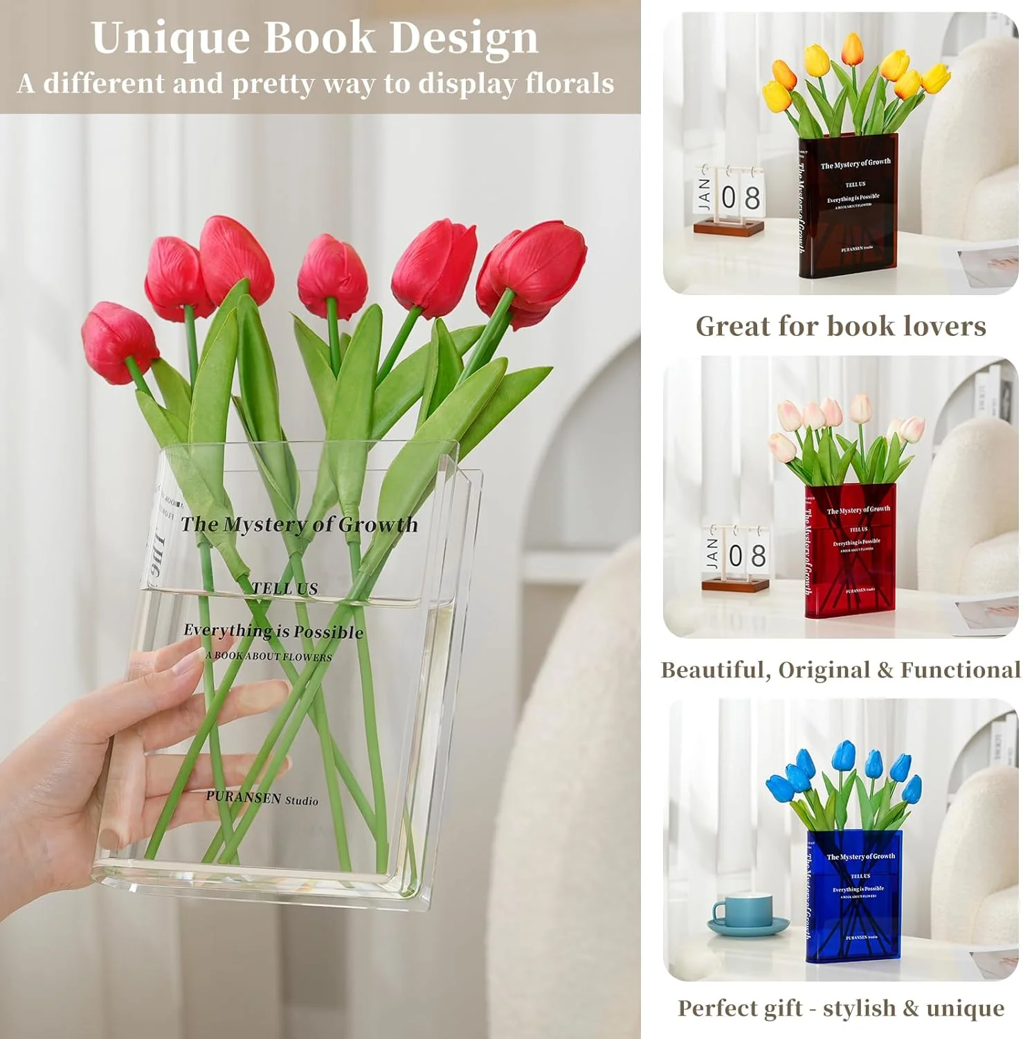 گلدان کتابی Puransen برای دکوراسیون زیبای اتاق، گلدان تزئینی هنری و فرهنگی با طعم اکریلیک، دکوری منحصر به فرد برای خانه/اتاق خواب/دفتر، کتابی درباره گل ها (رنگ شفاف)