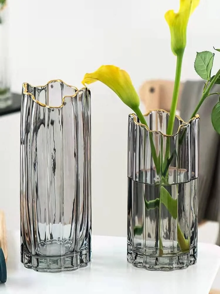 گلدان شیشه ای PEPAXON برای گل، گلدان خاکستری بزرگ استوانه ای سنگین، دکوراسیون منزل 12x30 سانتی متر
