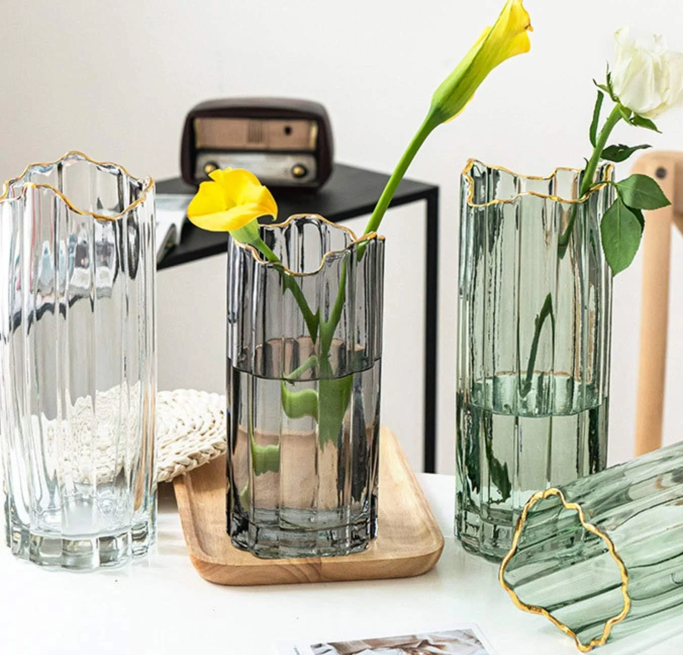 گلدان شیشه ای بلند PEPAXON برای گل، گلدان سبز استوانه ای بزرگ و سنگین، دکوراسیون منزل، 12x30 سانتی متر