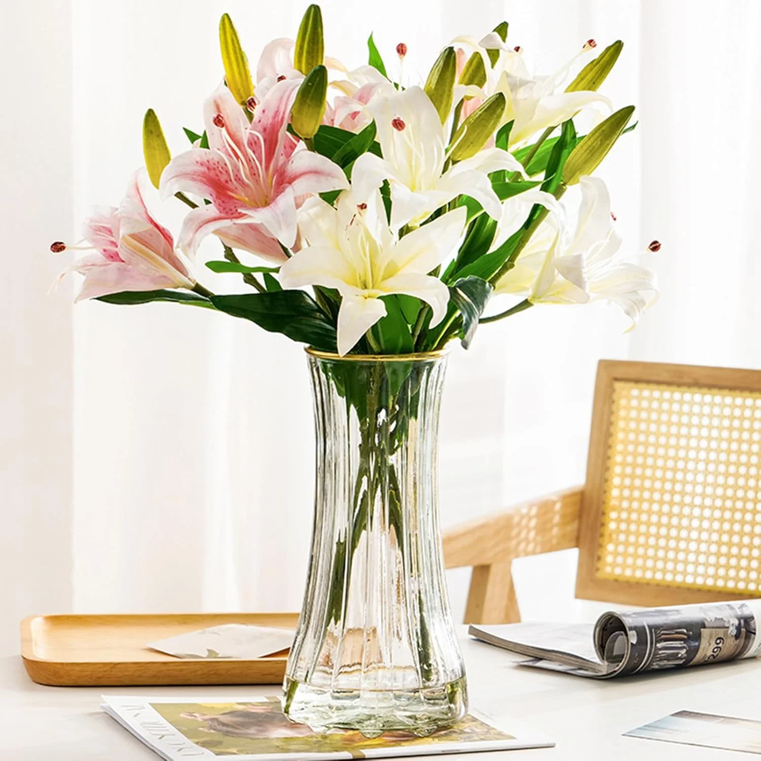 گلدان شیشه ای شفاف بزرگ مدرن Qiccijoo برای دکوراسیون منزل و دفتر کار، گلدان شیشه ای بلند رومیزی برای هدیه عروسی و خانه نویی (شفاف)