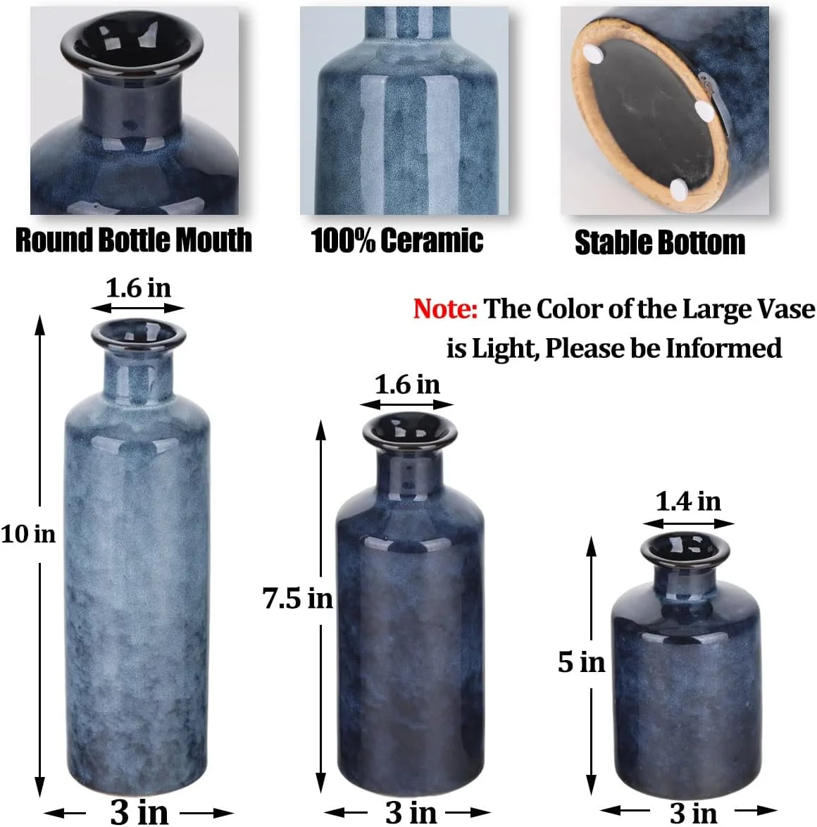 ست گلدان سرامیکی آبی Qianling - 3 گلدان کوچک آبی، دکوراسیون خانه به سبک روستایی، دکوراسیون اتاق نشیمن، دکوراسیون میز، دکوراسیون شومینه و تزیینات ورودی