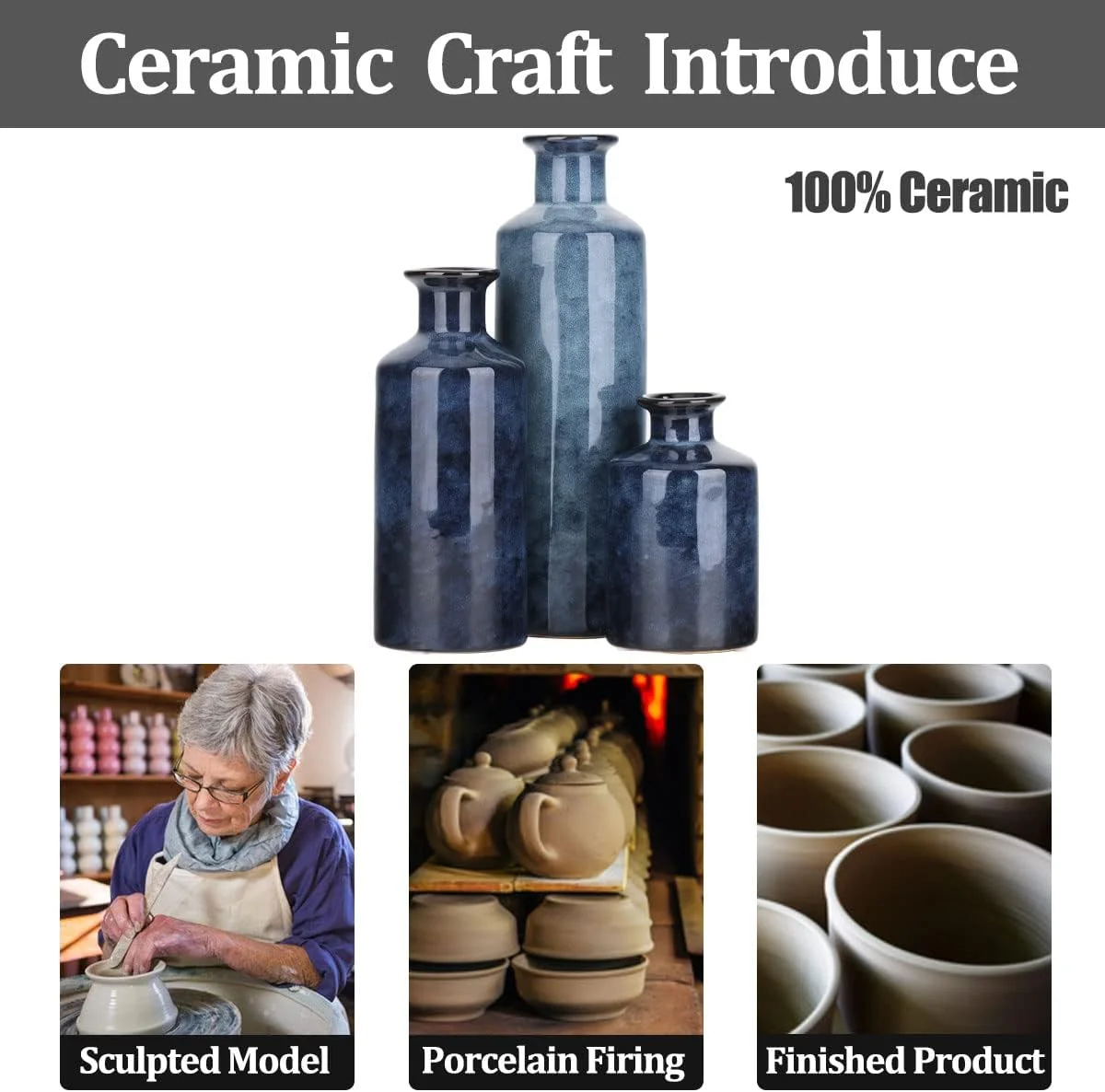 ست گلدان سرامیکی آبی Qianling - 3 گلدان کوچک آبی، دکوراسیون خانه به سبک روستایی، دکوراسیون اتاق نشیمن، دکوراسیون میز، دکوراسیون شومینه و تزیینات ورودی