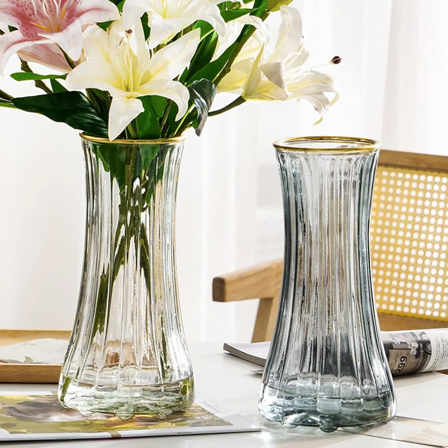 گلدان شیشه ای شفاف بزرگ مدرن Qiccijoo برای دکوراسیون منزل و دفتر کار، گلدان شیشه ای بلند رومیزی برای هدیه عروسی و خانه نویی (شفاف)